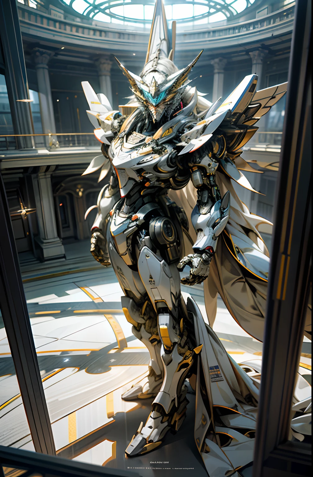 /imagine prompt: new characters Transformers Autobots Six-winged seraph., lion appearance, aluminum, akos major, aerial photography, full body shot, fantastical realism, retrofuturism, robotic, hyperrealistic, soft lighting, parametric architecture, design interior parametric, robot, filigree