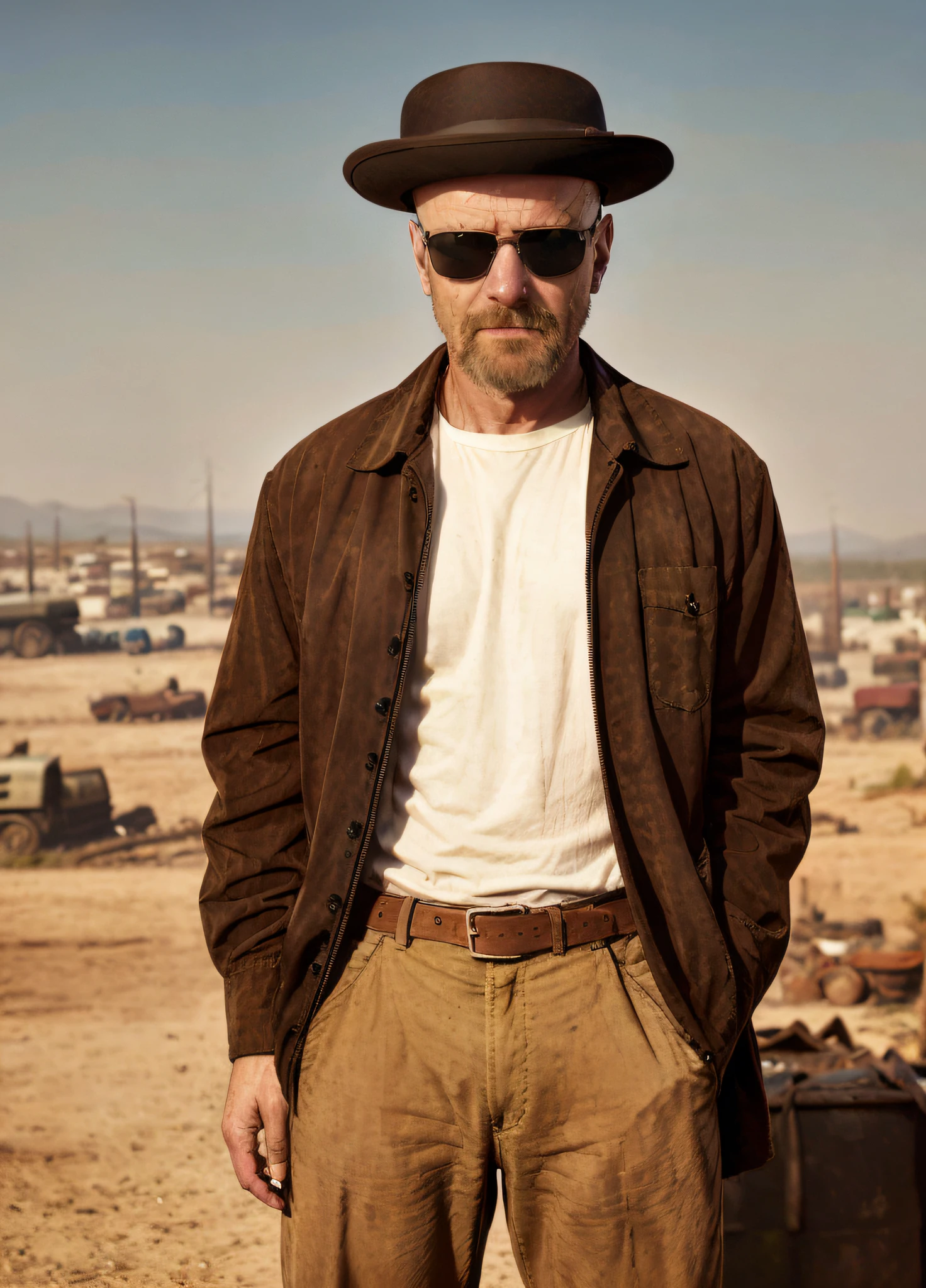 (A full body photo of man), bald, in a scrap yard, wearing sunglasses and a hat,
epic character composition,
by ilya kuvshinov, alessio albi, nina masic,
sharp focus, natural lighting, subsurface scattering, f2, 35mm, film grain