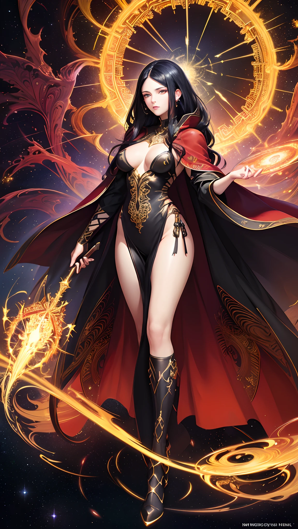 (masterpiece, top quality, best quality, official art, beautiful and aesthetic:1.2), (1woman), long black hair, extreme detailed, (fractal art:1.3), colorful, highest detailed, perfect face, full body, perfect body, HDR, (red cloak golden lines:1.2), galaxy, (light streaks), striking visuals, (dynamic streaks, luminous trails:1.2), vibrant colors, Starry Night, stars