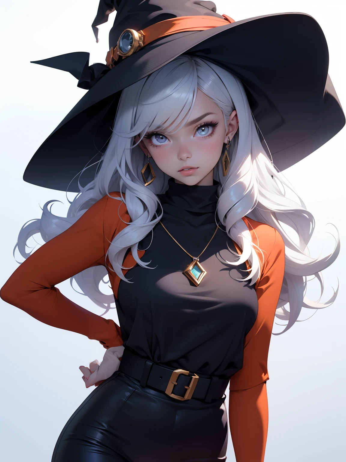 teenage halloween witch, purple dress, conical witch hat, corpo todo, maquiagem, mascara, Lips are soft or colored, fundo preto simples, minimalismo, monotone, paletas de cores simples, limpo, Crisp drawings, silhuetas fluidas, lo gothic , half pants, vestido preto, witch hat, Saia, Asymmetric, geometric, half trawler, Simple and minimalist accessories, Necklaces and thin rings in silver or gold, Pulseiras simples, Designs diferentes, silhuetas simples, estilo simples e sofisticado, elegence, minimalismo, materiais de alta qualidade, Fresh and urban printing, alta moda, Simplicity and sophistication, vermelho, cor preta, sexy, rosto infantil
