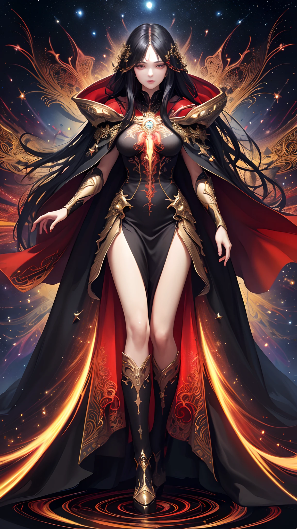 Aradia, a colossal 57 meter sorceress, emerges from a stone circle at dawn, Her snow-white skin glowing in the light of the rising sun. Her long black hair falls in messy strands over her shoulders.. completely naked, standing in a mystical glade, her posture is defiant and seductive, with one leg slightly bent and one hand raising a rune staff, while the other caresses her abdomen. His eyes, full of mystery and desire, They look at the tiny humans at their feet, spellbound by their arcane presence. Her red lips curve into a mysterious smile and her curvy, sculpted body radiates an aura of mystical eroticism., enveloping everyone present in a spell of submission and magical fascination.
