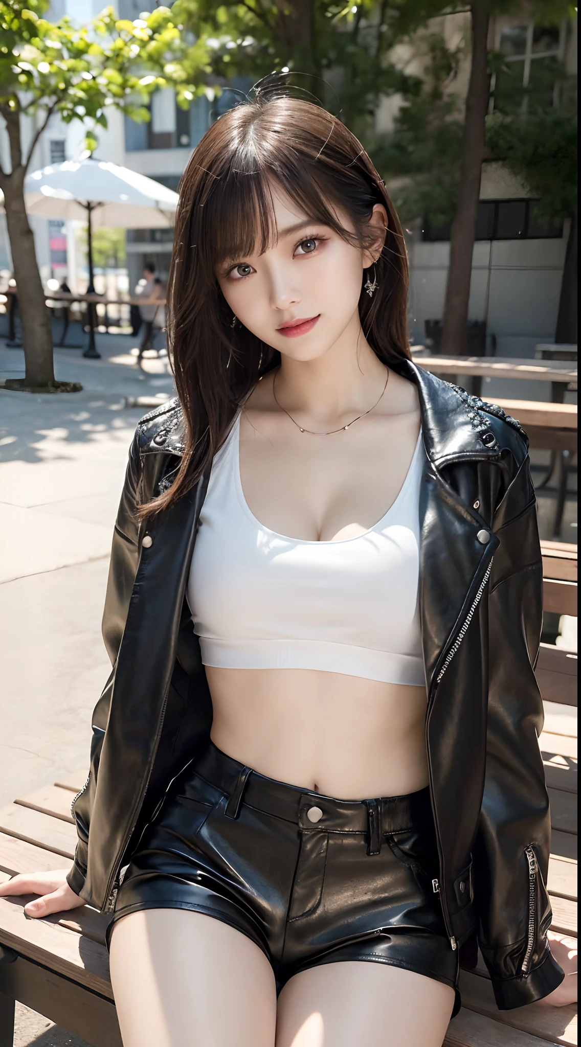 Innocent 20 year old girl、((Black leather shorts, White t-shirt and black leather jacket,Dramatic poses)),Smile,short-cut,Park background、Raw photo, (8K、top-quality、​masterpiece:1.2)、(intricate detailes:1.4)、(Photorealsitic:1.4)、octane renderings、Complex 3D rendering ultra detail, Studio Soft Light, Rim Lights, vibrant detail, super detailing, realistic skin textures, Detail Face, Beautiful detail eyes, Very detailed CG Unity 16k wallpaper, make - up, (detailedbackground:1.2), shinny skin, Full body、From head to thigh、cleavage of the breast,((sit on a bench))
