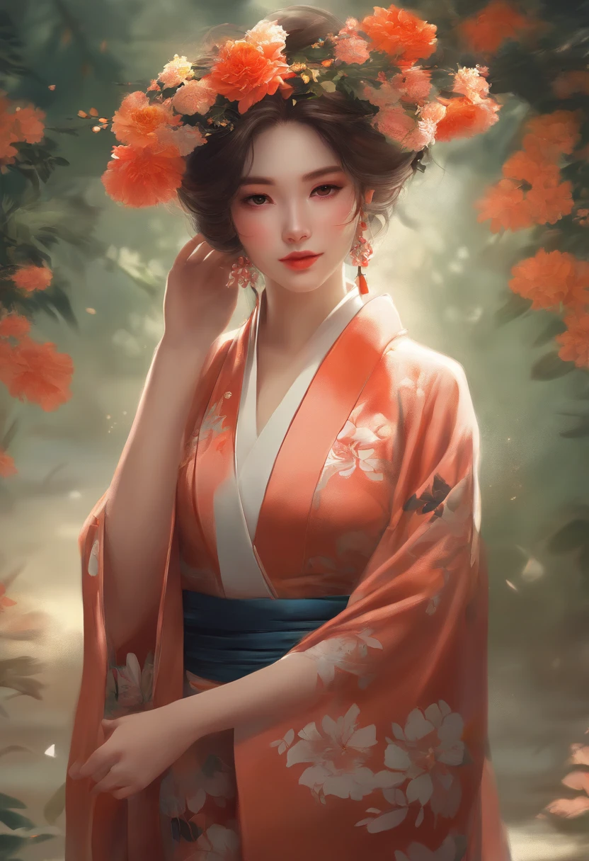 Woman in a kimono with flowers on her head, bela arte digital, Beautiful digital illustration, pintura digital bonita, lindo pintura digital, Arte no estilo de Guweiz, photorealistic anime girl rendering, arte cg anime suave, bela arte digital, Grande arte digital com detalhes, stunning digital illustration, arte de anime digital detalhada, render de abril, retrato bonito do anime