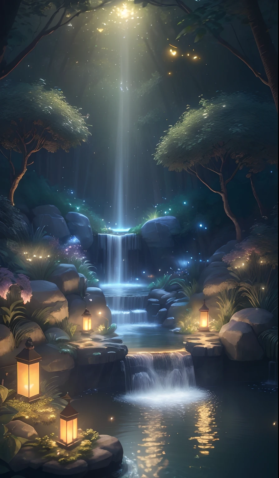 Masterpiece, best quality, (very detailed CG unity 8k wallpaper), (best quality), (best illustration), (best shadows), glow sprite, with a glowing deer, in the swimming pool Drinking water, natural elements in the forest theme. Mysterious forest, beautiful forest, nature, surrounded by flowers, delicate leaves and branches surrounded by fireflies (natural elements), (jungle theme), (leaves), (twigs), (fireflies), (particle effects) etc. 3D , Octane rendering, ray tracing, super detailed