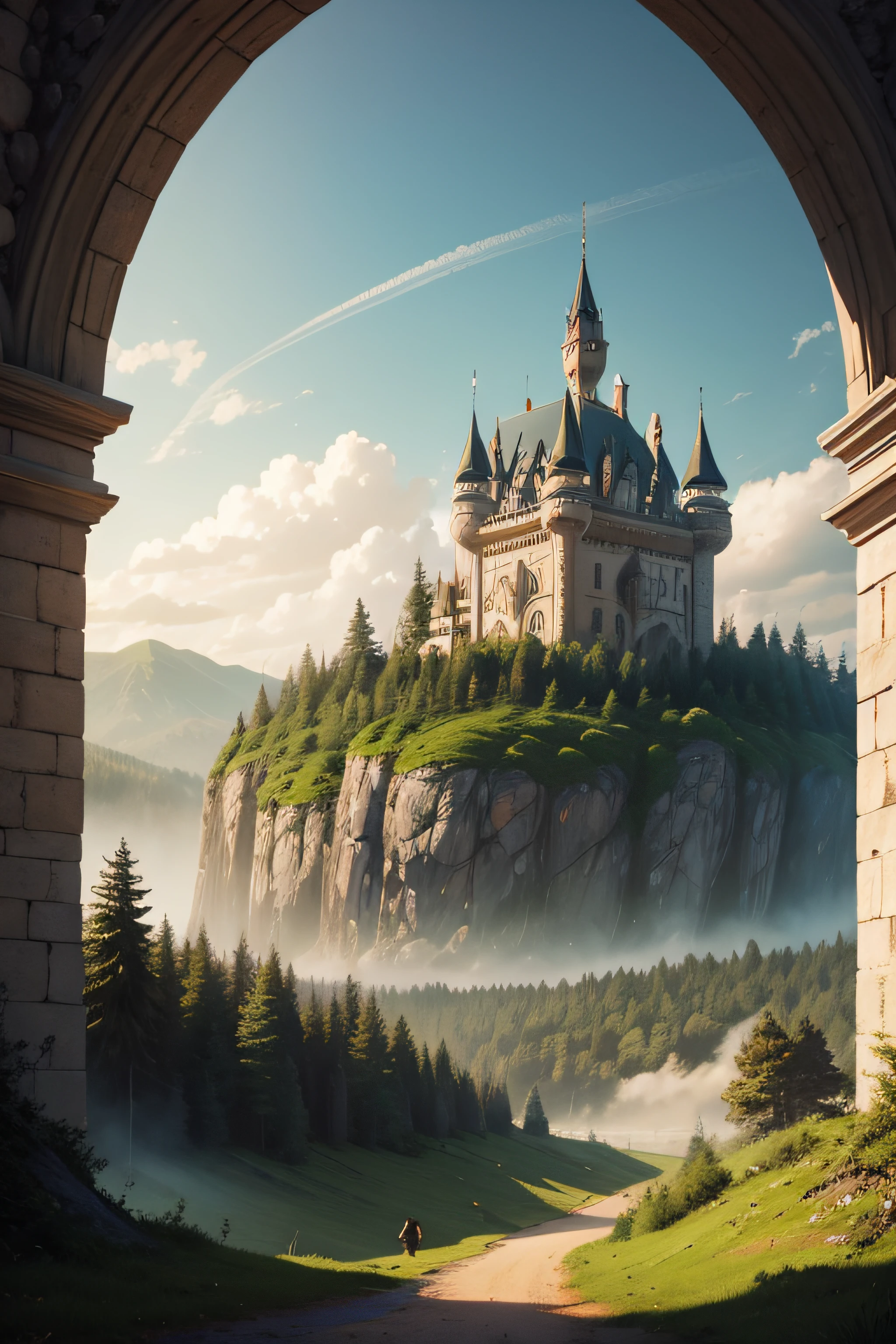 The territory with a gray castle, forest and fields, covered with a magic dome;