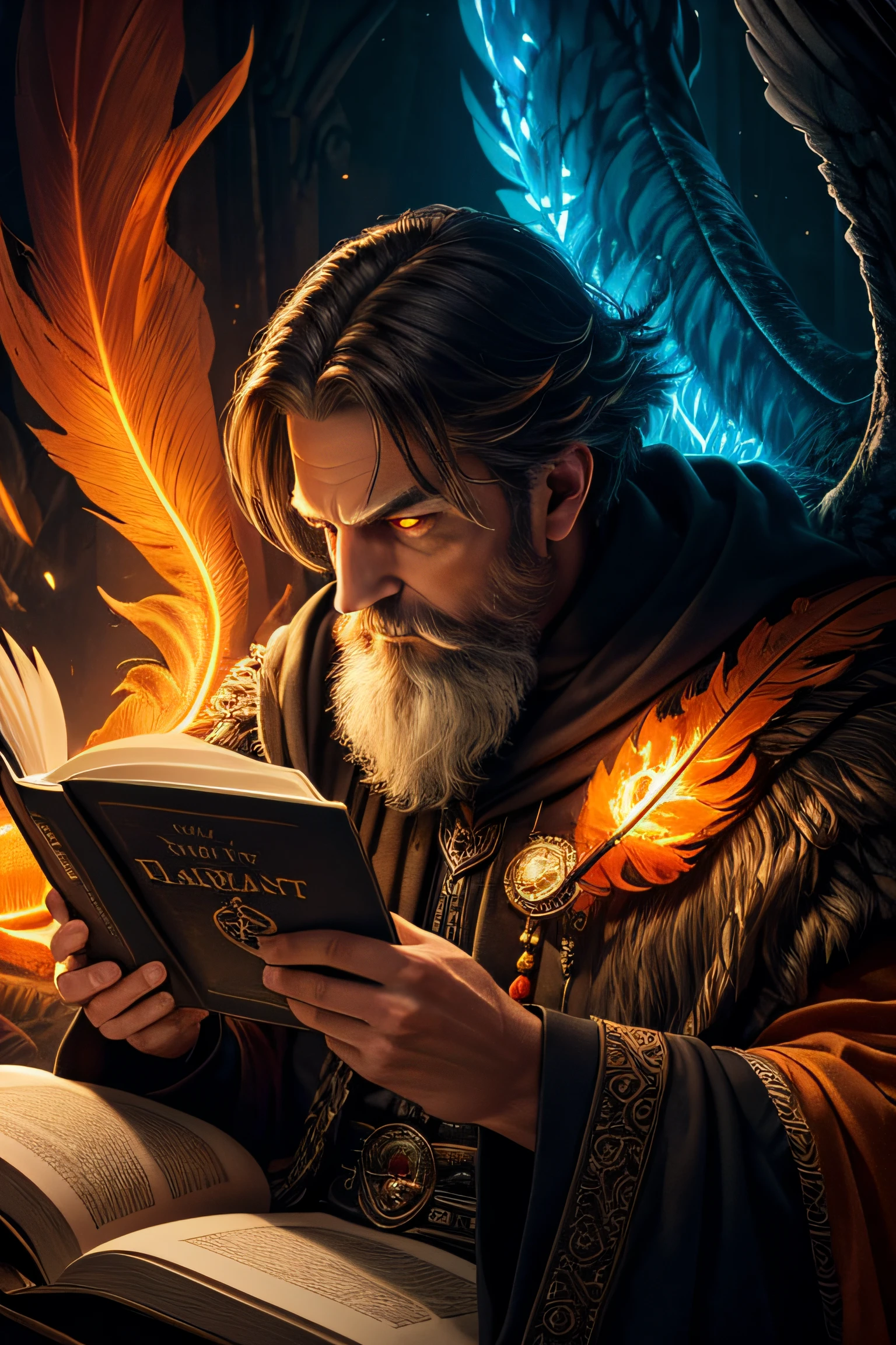 best quality,highres,(realistic:1.37),hybrid man with an orange-eyed owl head, wizard, reading a luminous book, orange environment, dark fantasy, vivid colors, detailed feathers, magical aura, mysterious lighting