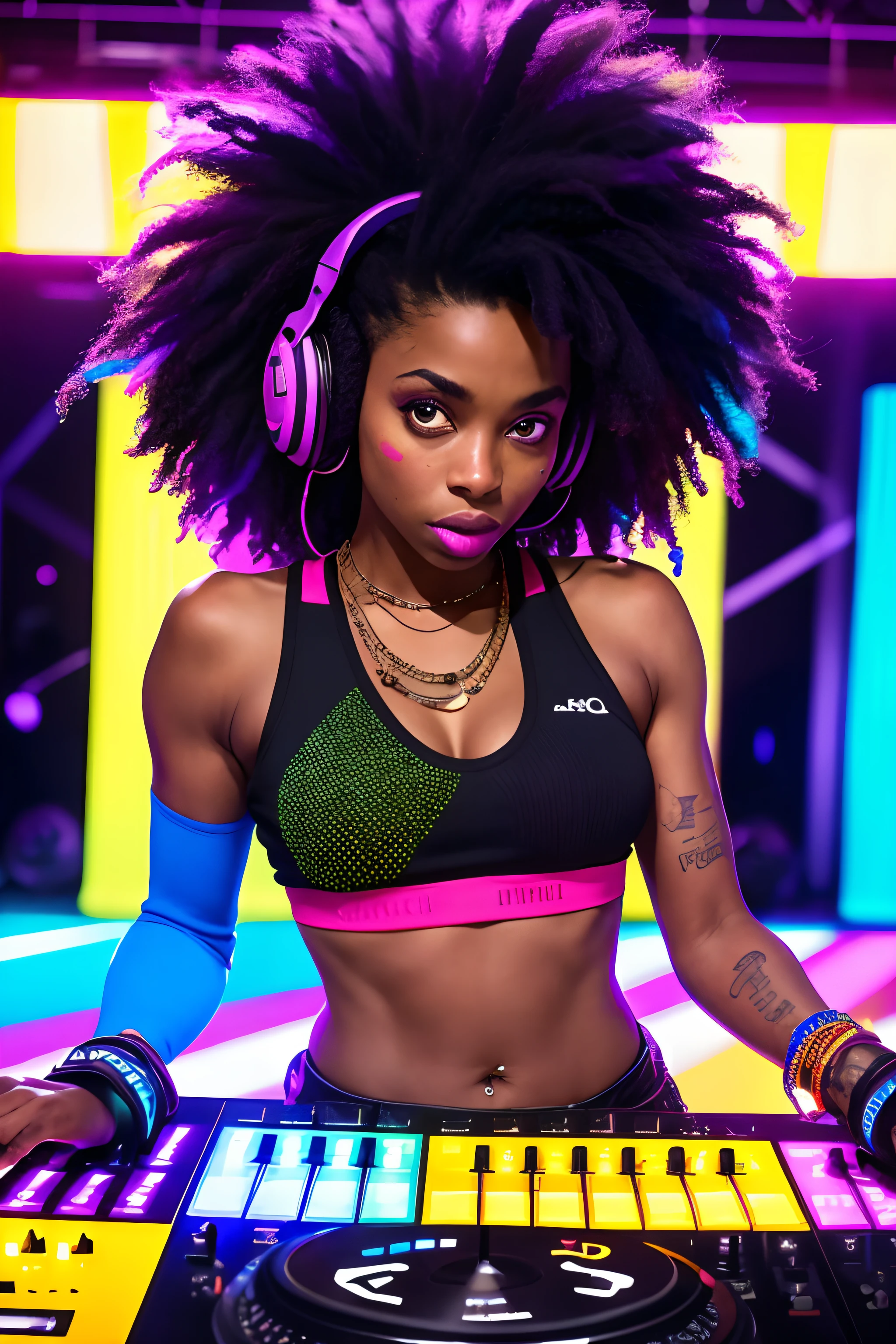 upper body, black female dj, black power hair, colorful clothes , quirky, vibrant appearance, playful accessories, creative behavior, imaginative, sensual, spontaneous, dj headphones, mixing console, music club, night club, indie theaters, people dancing on the dance floor background, underground danceclub, highest quality, skin texture, intricate details, (cinematic lighting), RAW photo, 8k