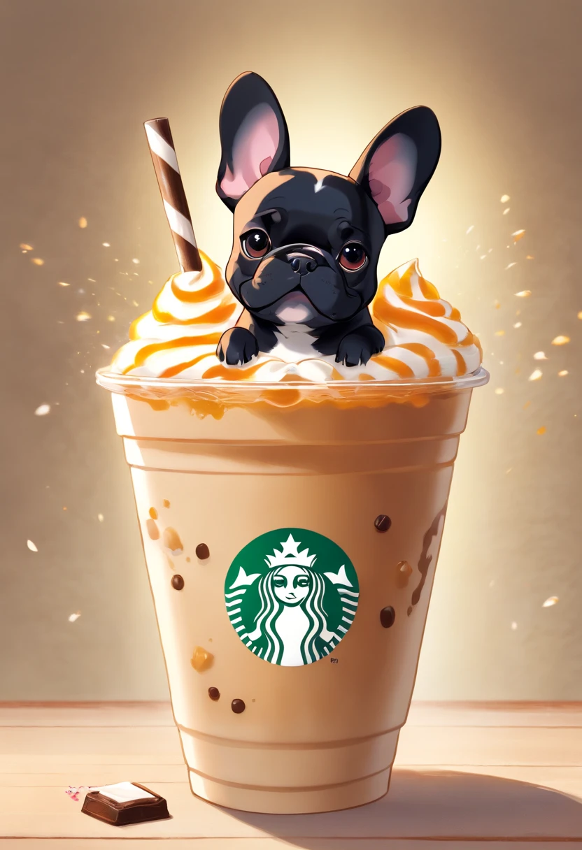 Unique, playful French bulldog-shaped cups filled with cartoon-style, colorful Starbucks-style Frappuccinos, French bulldog and Starbucks logos.