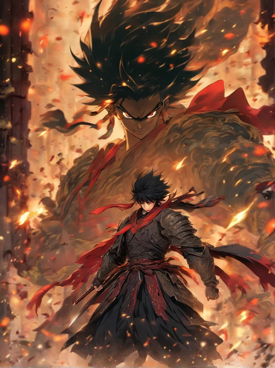 中景 the scene is,Chinese ink style,Smudge, 1 handsome boy, Black hair, Red glowing eyes, Crazy smile, wielding a sword,Dark,Flowing and chic,Ancient armor,Combat boots,(Full body like:1.5),Antique architectural background ,ventania,8K,((super-fine)),Hyper-realistic,(((OC renderer)))