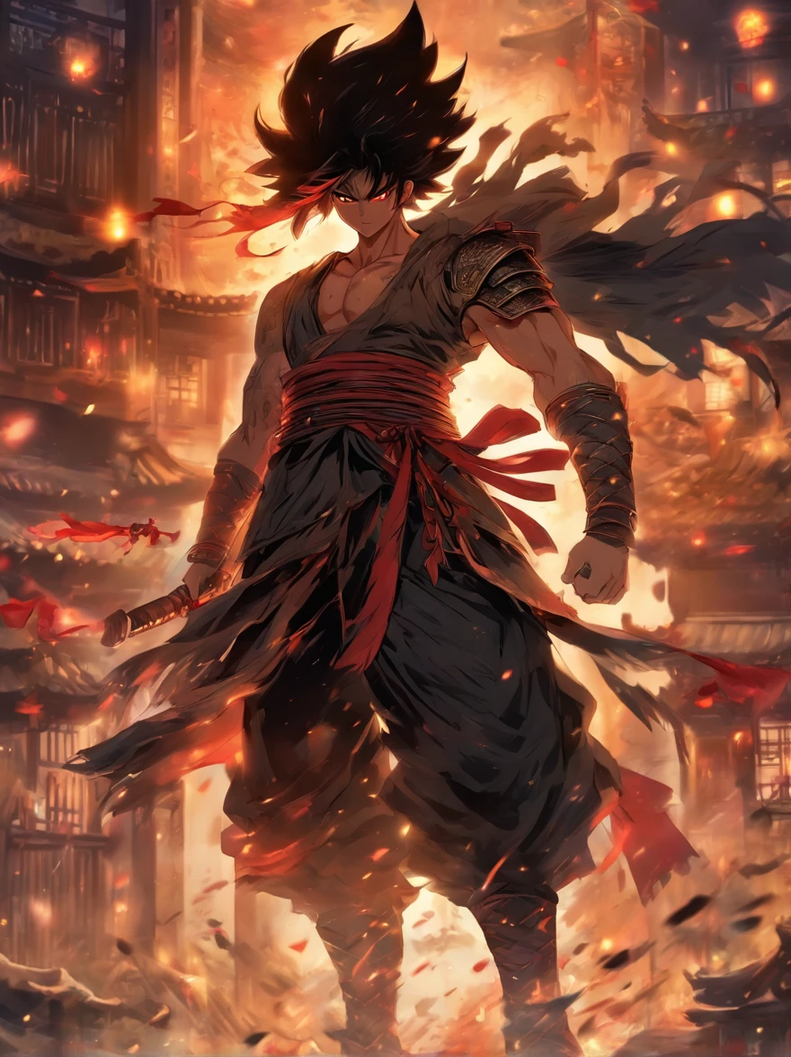 中景 the scene is,Chinese ink style,Smudge, 1 handsome boy, Black hair, Red glowing eyes, Crazy smile, wielding a sword,Dark,Flowing and chic,Ancient armor,Combat boots,(Full body like:1.5),Antique architectural background ,ventania,8K,((super-fine)),Hyper-realistic,(((OC renderer)))