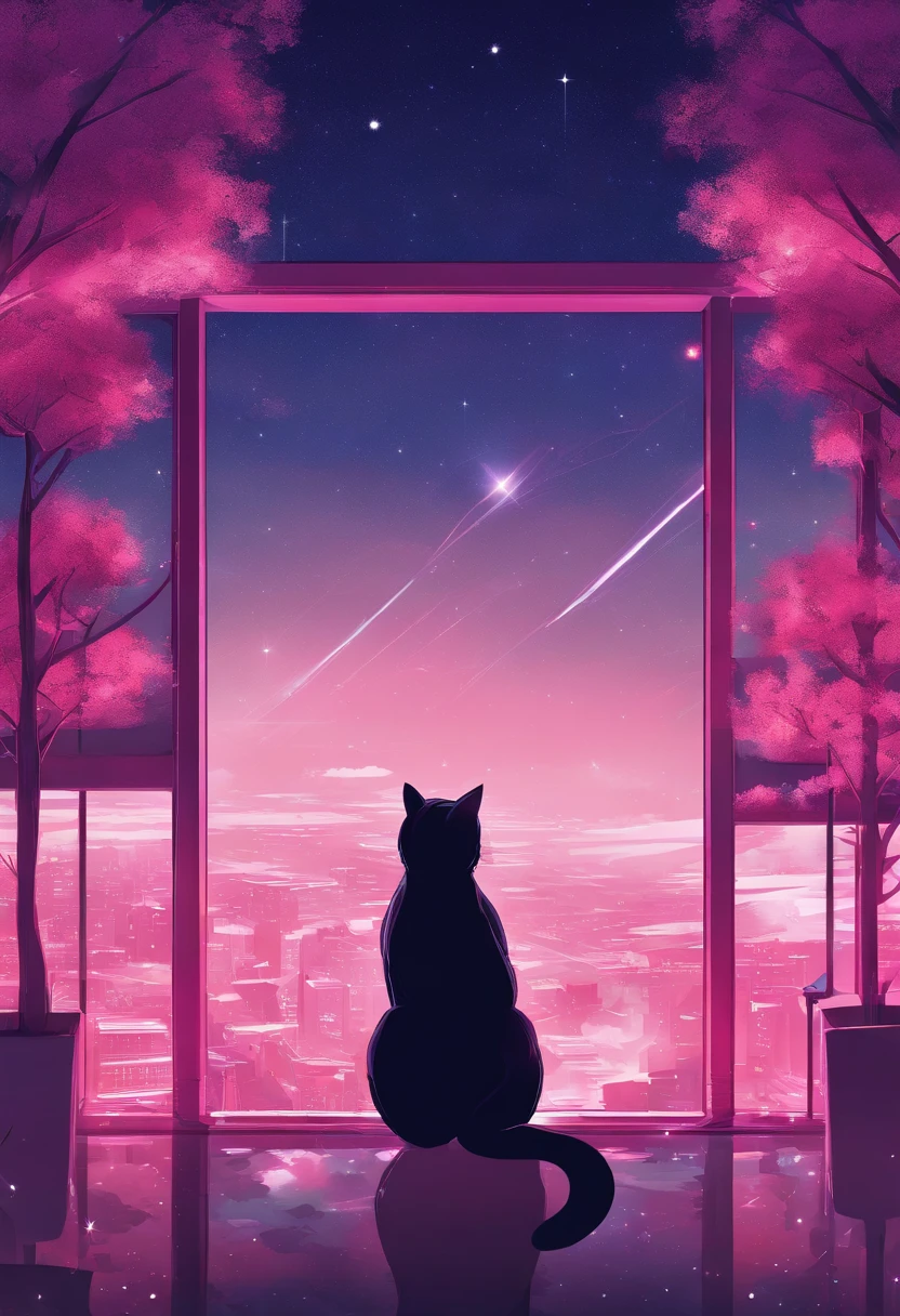 (reddish、Pink),octans, Skysky, stele(Skysky), landscapes, starrysky, natta,( 1girl in,One Cat、Snuggle up:1.5),(Snuggle up:1.3),Cats,nigh sky, 独奏, plein air, built, clouds, shooting stars,sitting on, The tree, length hair, 城市, silhuette, Cityscape,from behind