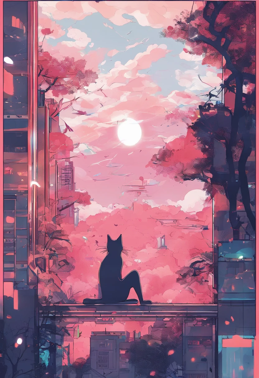 (reddish、Pink),octans, Skysky, stele(Skysky), landscapes, starrysky, natta,( 1girl in,One Cat、Snuggle up:1.5),(Snuggle up:1.3),Cats,nigh sky, 独奏, plein air, built, clouds, shooting stars,sitting on, The tree, length hair, 城市, silhuette, Cityscape,from behind