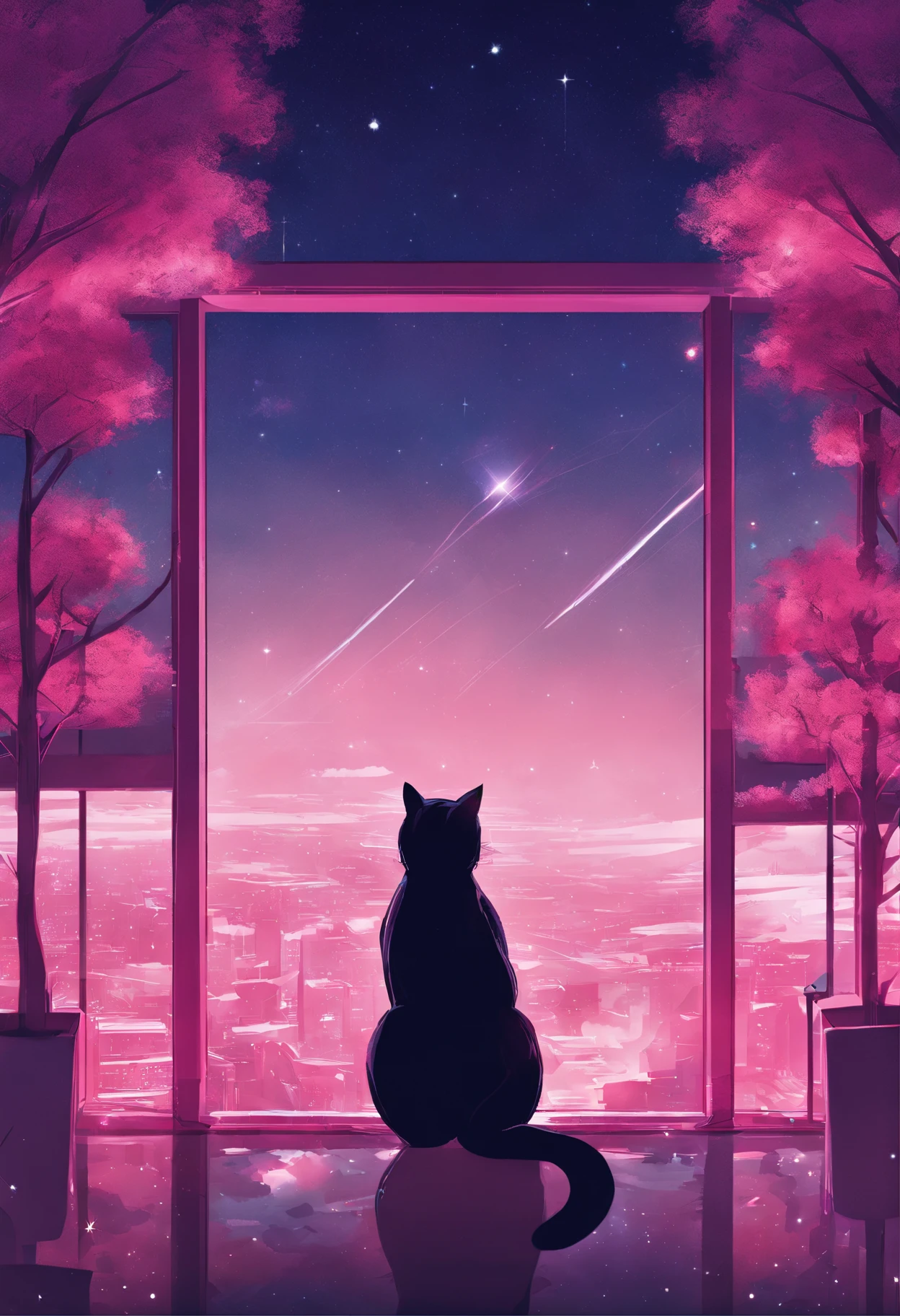 (reddish、Pink),octans, Skysky, stele(Skysky), landscapes, starrysky, natta,( 1girl in,One Cat、Snuggle up:1.5),(Snuggle up:1.3),Cats,nigh sky, 独奏, plein air, built, clouds, shooting stars,sitting on, The tree, length hair, 城市, silhuette, Cityscape,from behind