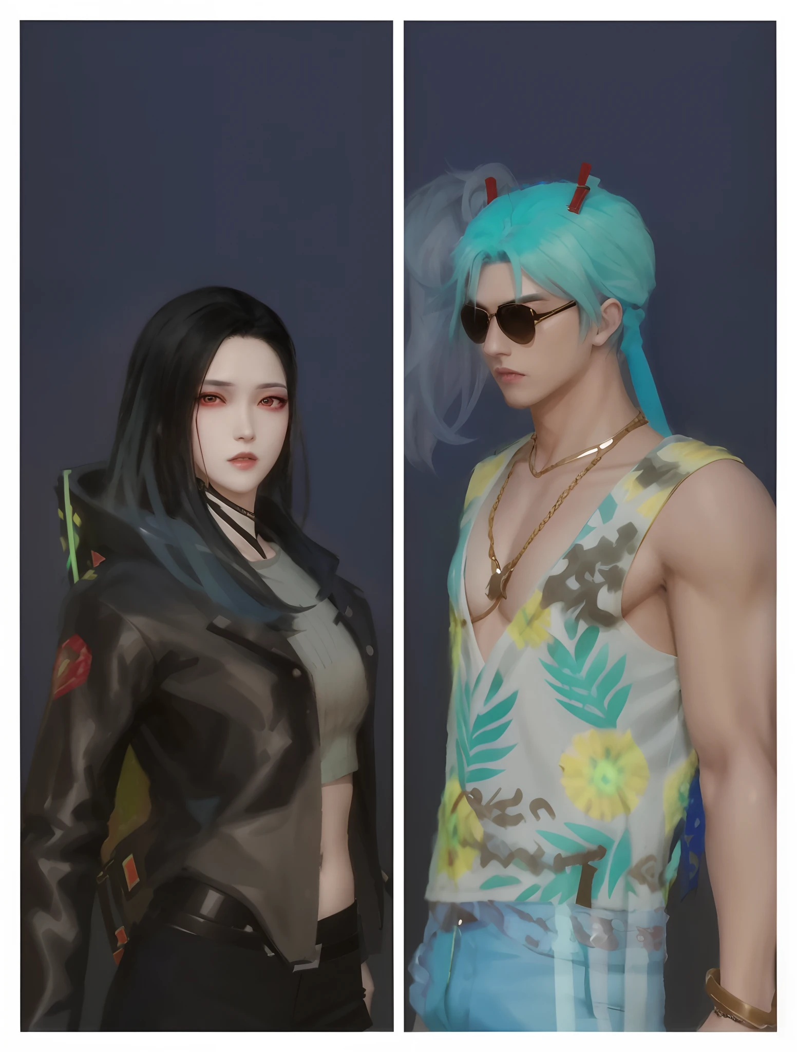 there are two pictures of a woman and a man with blue hair, & jeehyung lee & wlop, inspired by Jang Seung-eop, nixeu and sakimichan, style game square enix, sakimichan and frank franzzeta, kda and sam yang, from ncsoft, diverse outfits, medium shot of two characters