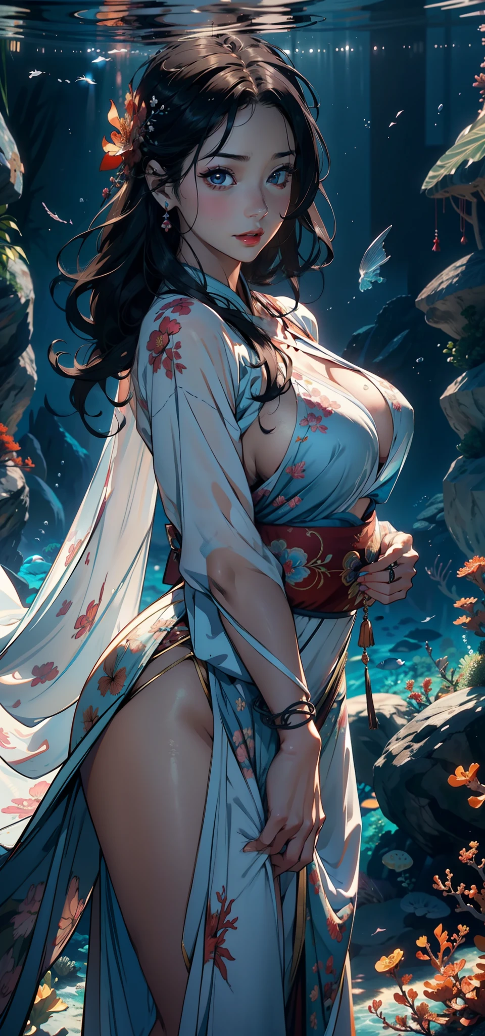 1female，41 years old，熟妇，A MILF ，Married Woman， mature，plumw，extremely large bosom ，Pornographic exposure， 独奏，（Background with：Underwater，ocean floor，Undersea volcanoes，airbubble，The corals） She has short black hair，Stand on an underwater reef，seen from the front， hair straight，（（（tmasterpiece），（Very detailed CG unity 8K wallpaper），best qualtiy，cinmatic lighting，detailed back ground，beatiful detailed eyes，Bright pupils，Redlip（Very fine and beautiful），（Beautiful and detailed eye description），ultra - detailed，tmasterpiece，）），facing at camera，A high resolution，ultra - detailed），revealing breasts，Bare genitalia，  Bulge，legs are open，Raised sexy，Camel toes，Flushed complexion，Open-mouthed，frontage，diver，（Wearing：laurels，Transparent Hanfu，nakeness）
