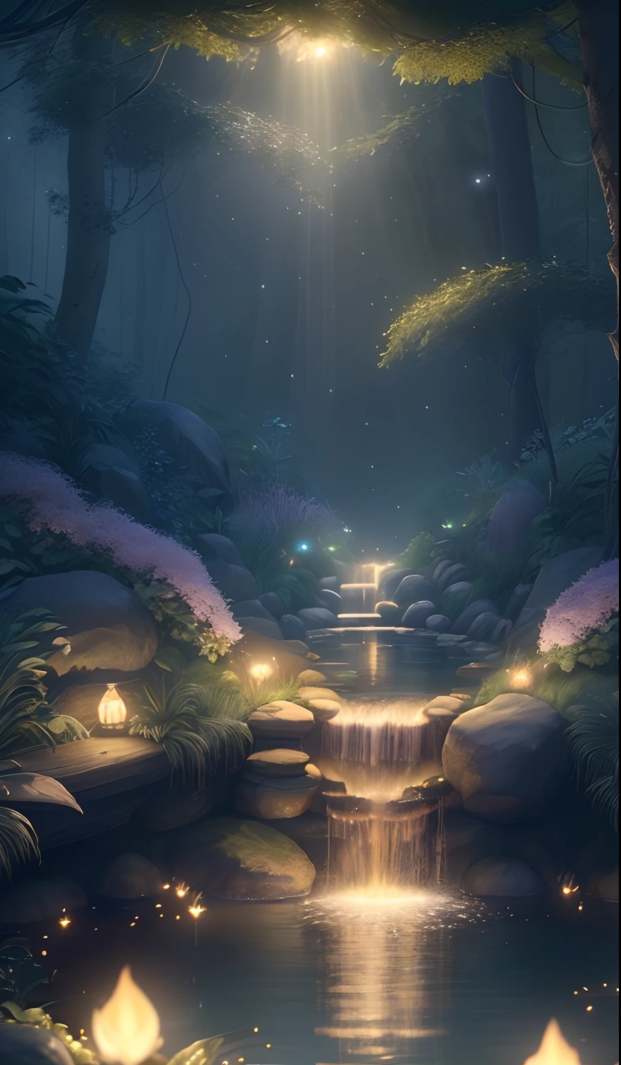 Masterpiece, best quality, (very detailed CG unity 8k wallpaper), (best quality), (best illustration), (best shadows), glow sprite, with a glowing deer, in the swimming pool Drinking water, natural elements in the forest theme. Mysterious forest, beautiful forest, nature, surrounded by flowers, delicate leaves and branches surrounded by fireflies (natural elements), (jungle theme), (leaves), (twigs), (fireflies), (particle effects) etc. 3D , Octane rendering, ray tracing, super detailed