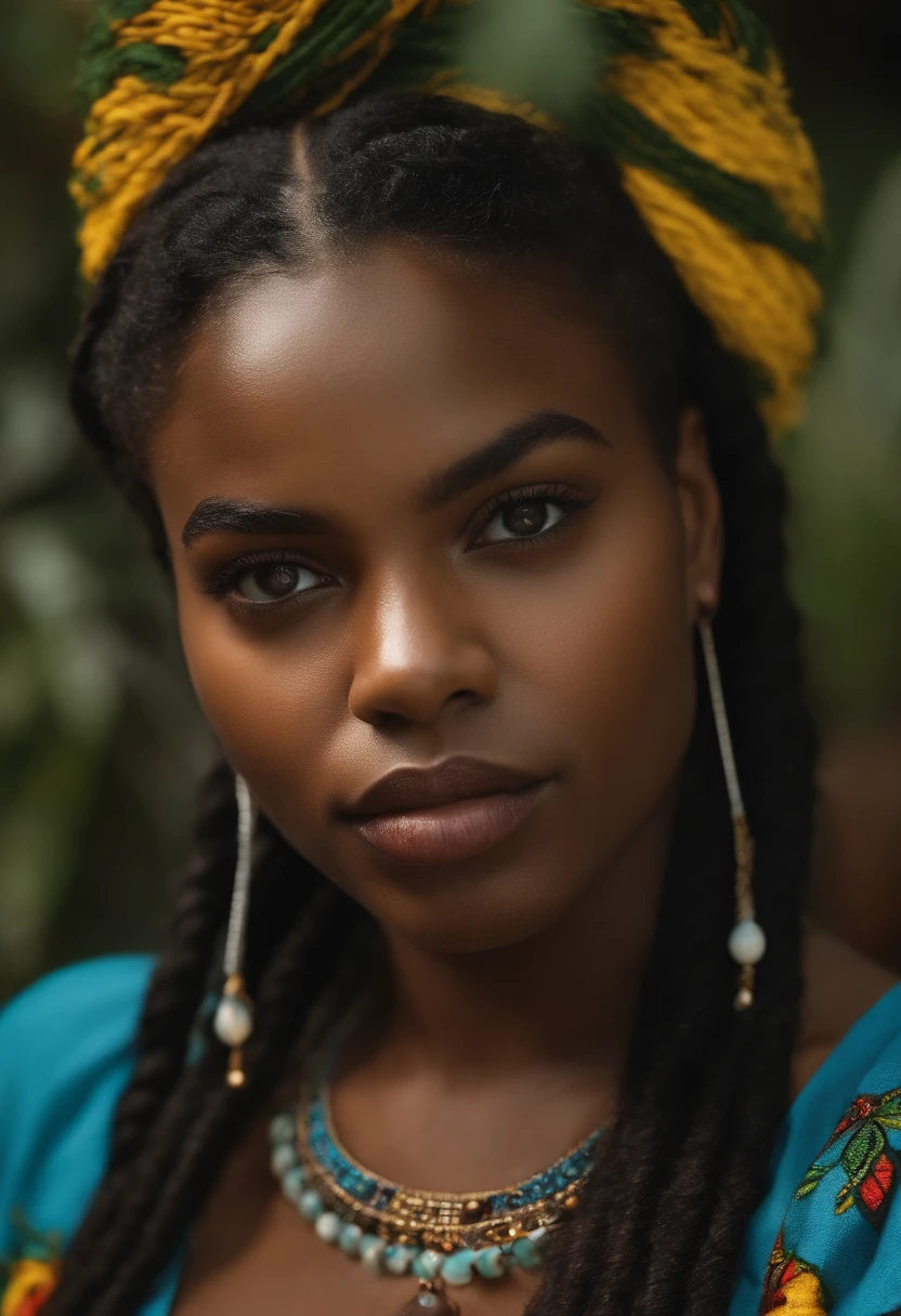 Retrato de uma jovem mulher negra da etnia quilombola do Brasil, cinemactic, hiper-detalhado, detalhes, Hyper-Resolution.