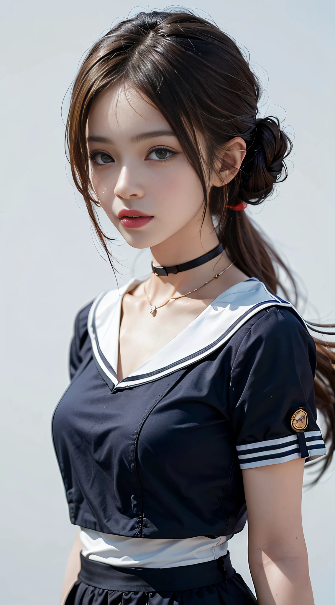 ((masterpiece:1.4)、(top-quality:1.4)、(reallistic:1.7))、masuter piece:1.4、Women's Combat Uniform Sailor Uniform、The blue design on a white background is coolly summarized.、Vivid sebaceous super mini skirt is sexy、Wearing red skin gloves、Kawaii Girl、Super beauty、foco nítido、Portrait photos、Close-up photos、Upper body photography、beautiful countenance、beautidful eyes、Narrow waist、poneyTail、Raw photo、red-lips、a choker:1.4、a necklace:1.4、耳Nipple Ring:1.4、1 screen display、