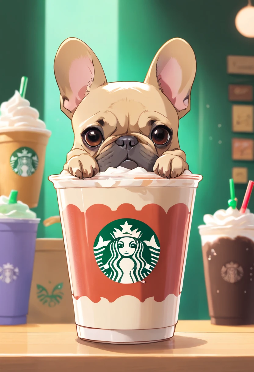 Unique, A playful French bulldog-shaped cup in cartoonish style, Colorful Starbucks-style frappuccino, Starbucks style logo of the French bulldog.