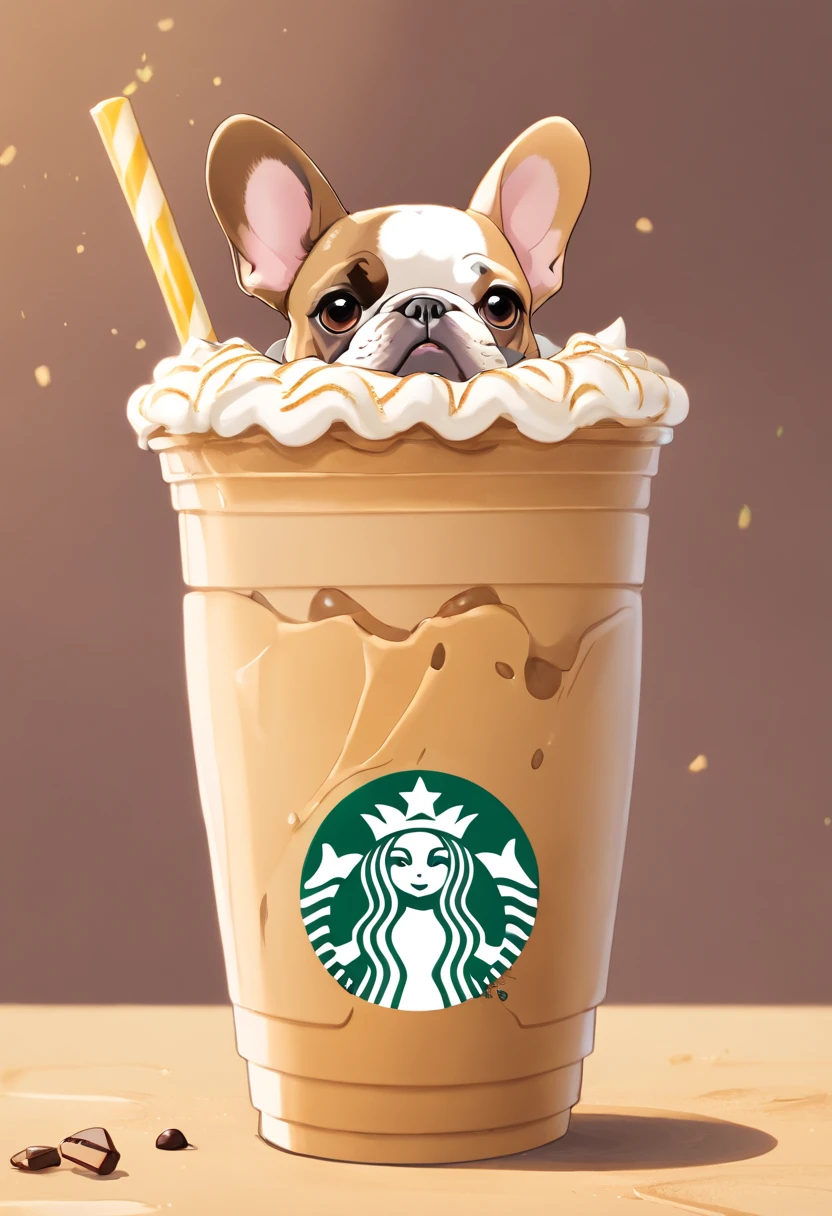 Unique, A playful French bulldog-shaped cup in cartoonish style, Colorful Starbucks-style frappuccino, Starbucks style logo of the French bulldog.