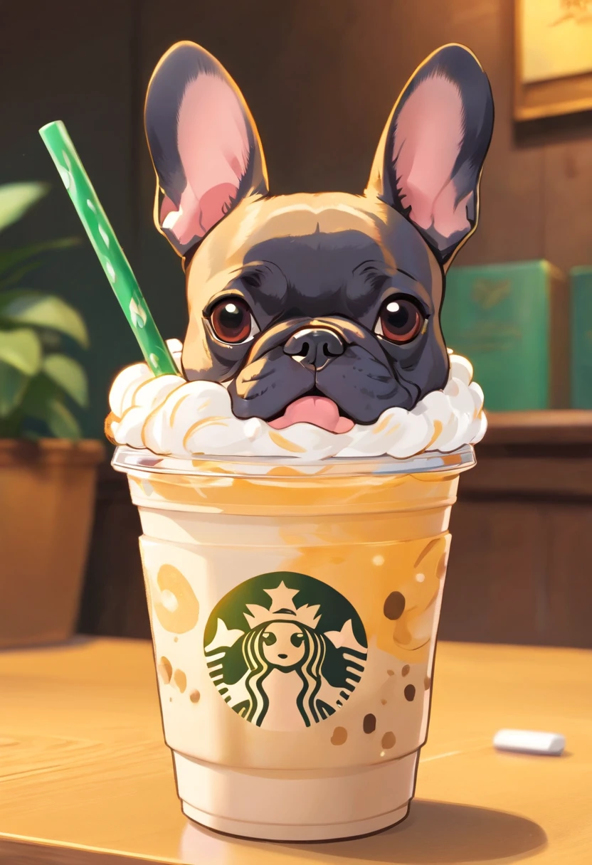 Unique, A playful French bulldog-shaped cup in cartoonish style, Colorful Starbucks-style frappuccino, Starbucks style logo of the French bulldog.