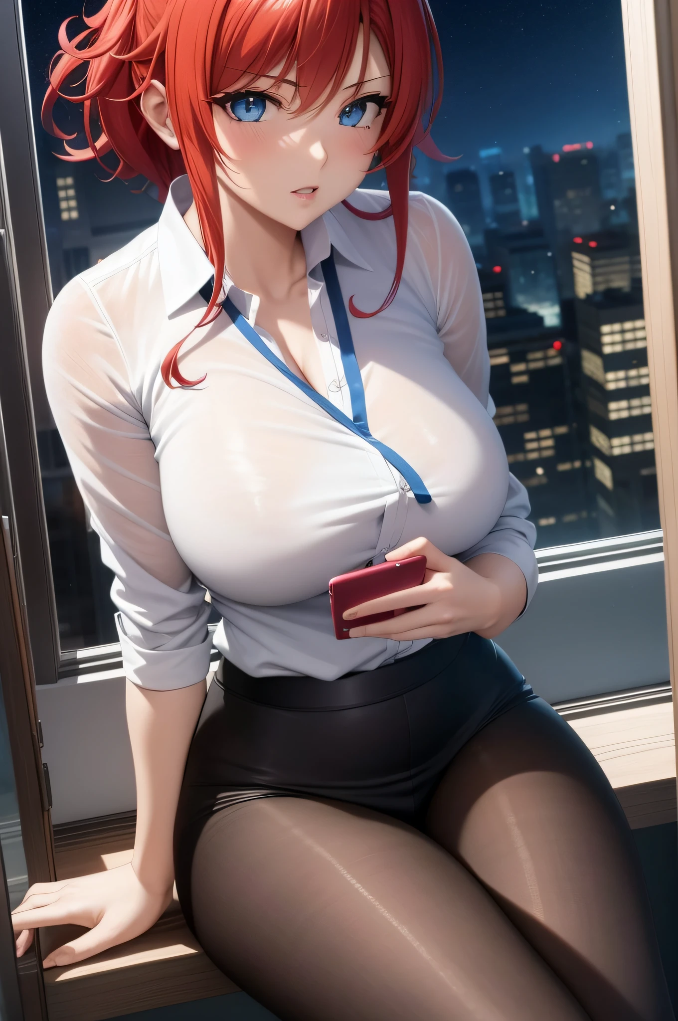 (masterpiece, best quality, detailed),1girl,rias gremory,red hair, ahoge, blue eyes, large breasts , sitting on a window sill holding a cell phone, (nfsw), seductive anime girl, office clothes, at pixiv, smooth anime cg art, oppai, on a desk,high resolution, (perfect hands, perfect anatomy),