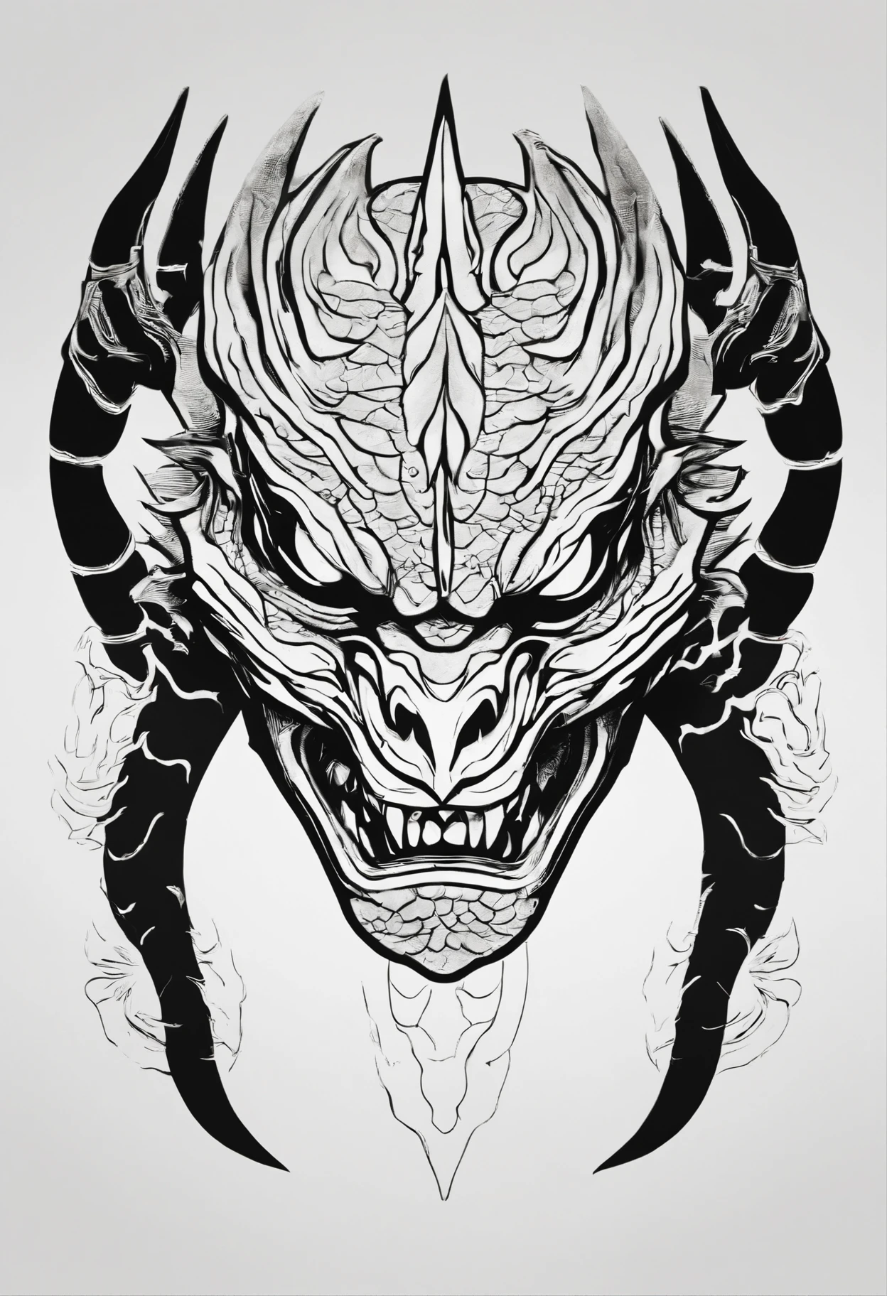 (onimask,dragon halfmask,samurai,skull ornament,japanese ornament style,black and white color scheme,dark lighting,best quality,minimalistic,bold-lines)