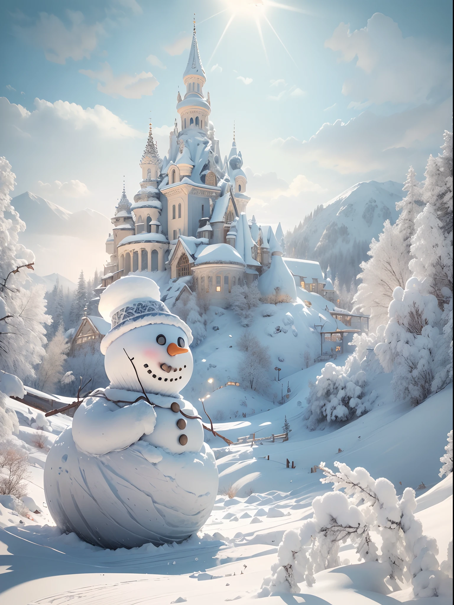 ((Best quality)),((Masterpiece)),(Detailed),(on a snowy mountain:1.1),Award-winning original photos,Baroque art,(A huge snowman:1.1),(Snowscape:1.1),(Intricate details:1.3),[jungles|street],Sunny,sketched,lecherous,(voluminetric lighting:1.2),Depth of field 100mm,DL,(surreal design:1.2),illusory engine,High quality,8K resolution,