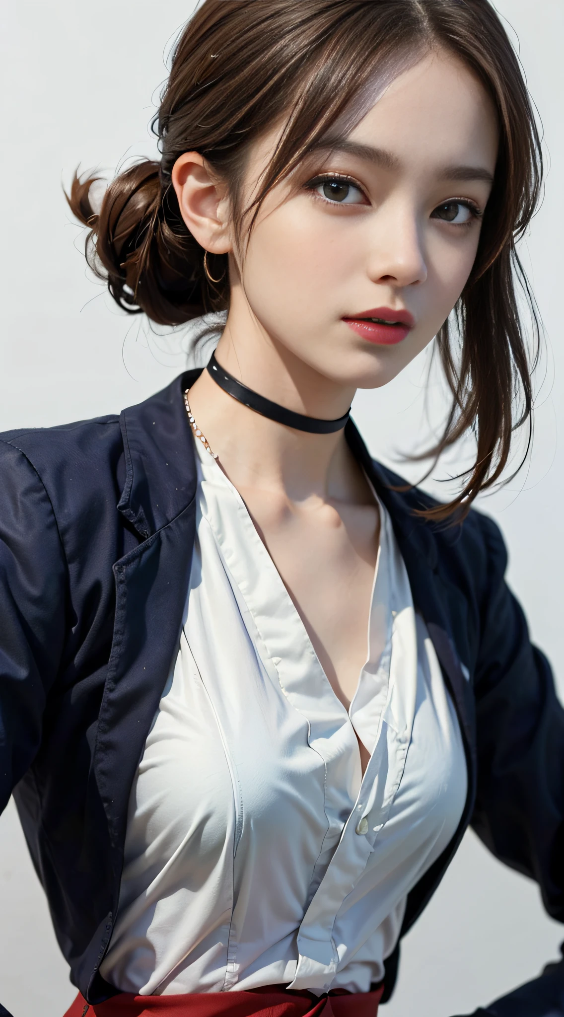 ((masterpiece:1.4)、(top-quality:1.4)、(reallistic:1.7))、masuter piece:1.4、Women's Combat Uniform Sailor Uniform、The blue design on a white background is coolly summarized.、Vivid sebaceous super mini skirt is sexy、Wearing red skin gloves、Kawaii Girl、Super beauty、foco nítido、Portrait photos、Close-up photos、Upper body photography、beautiful countenance、beautidful eyes、Narrow waist、poneyTail、Raw photo、red-lips、a choker:1.4、a necklace:1.4、耳Nipple Ring:1.4、1 screen display、