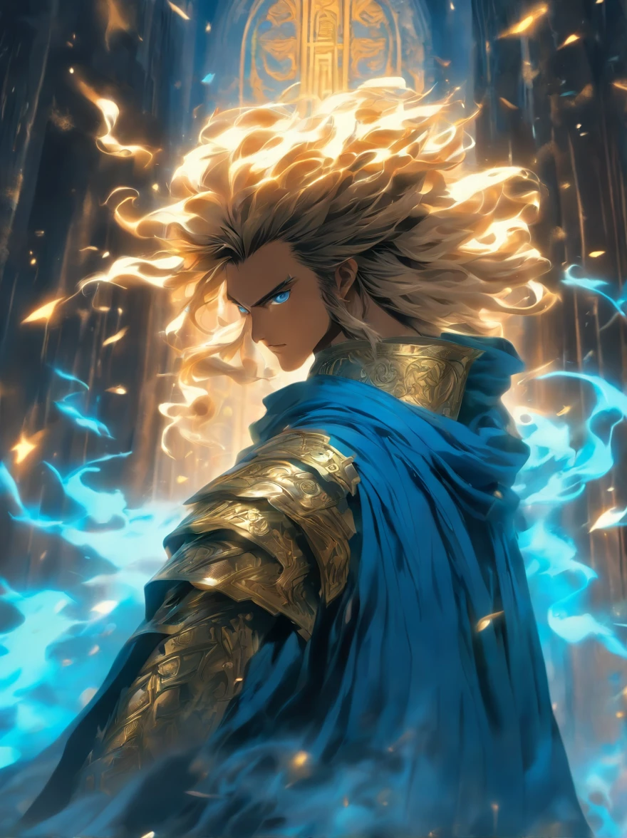 中景 the scene is,Chinese ink style,Smudge, 1 handsome boy, Blue long hair, Blue glowing eyes, Crazy smile, wielding a sword,Dark,Flowing and chic,Golden armored angel,Wings made of energy,metal halo,with no face,Hooded,golden colored,fanciful,concept-art,ultra-realistic realism,Character art by Greg Rutkowski(Full body like:1.5),Ancient Greek architectural background ,ventania,8K,((super-fine)),Hyper-realistic,(((OC renderer)))