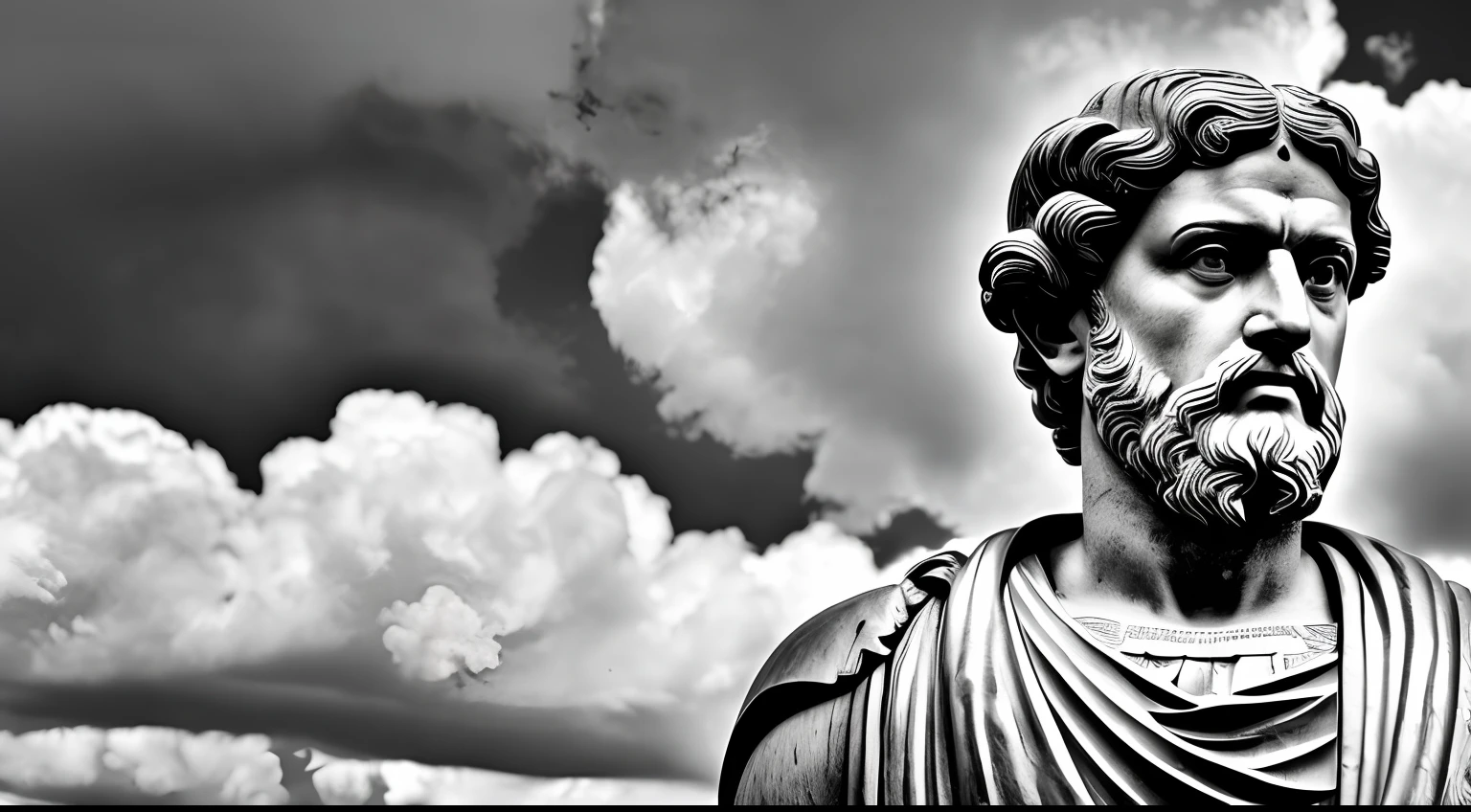 a portrait statue of the stoic Marcus Aurelius in black and white 4K,Looking forward with a strong body super realistic 1920x1080 photo wallpaper