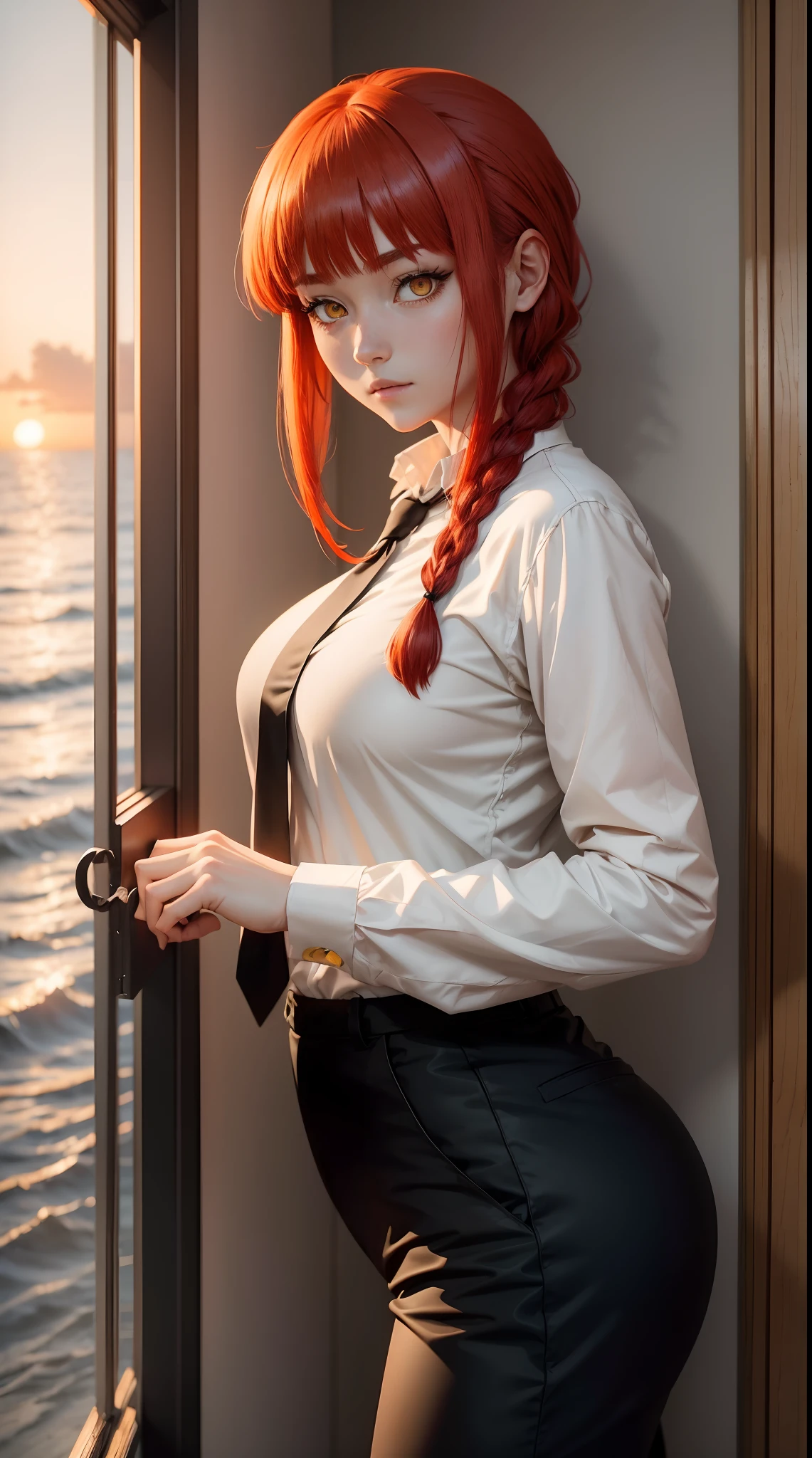 1 Anime Girl Makima, light red hairs, loose braid with bangs reaching just past her eyebrows and two longer side bangs that frame her face, yellow eyes multiple red ring into it, white shirt Red tie, Black suit, Black pant , looking at Viewer, Wall window, sea, sunset