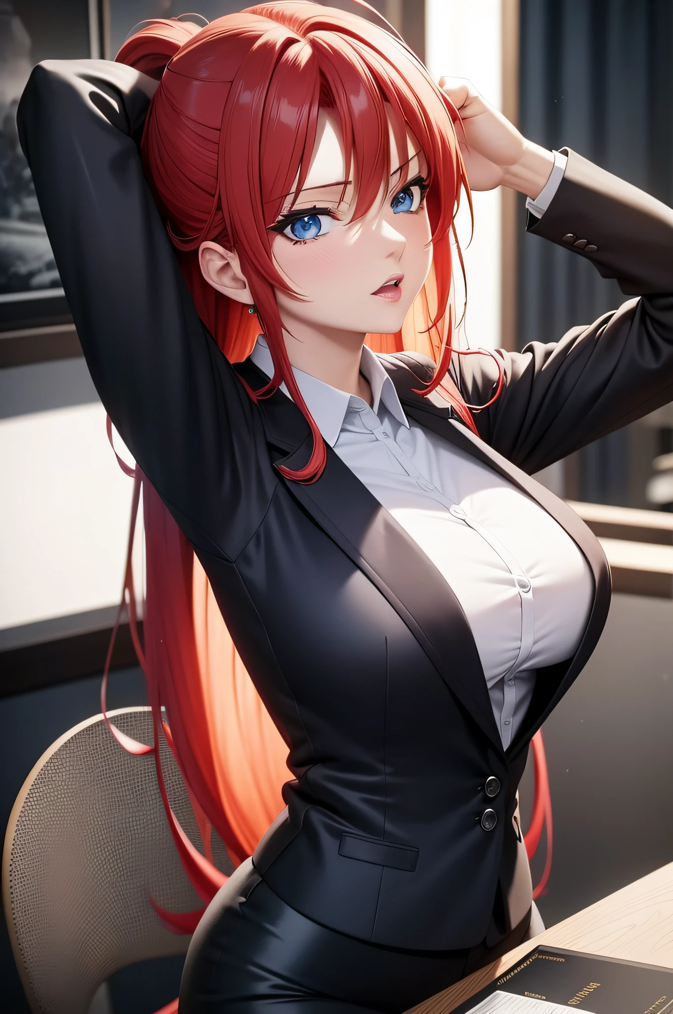 (masterpiece, best quality, detailed),1girl,rias gremory,red hair, ahoge, blue eyes, large breasts , in a business suit sitting at a desk, seductive anime girl, attractive anime girl, (sfw), smooth anime cg art,clean detailed anime art,high resolution, (perfect hands, perfect anatomy),