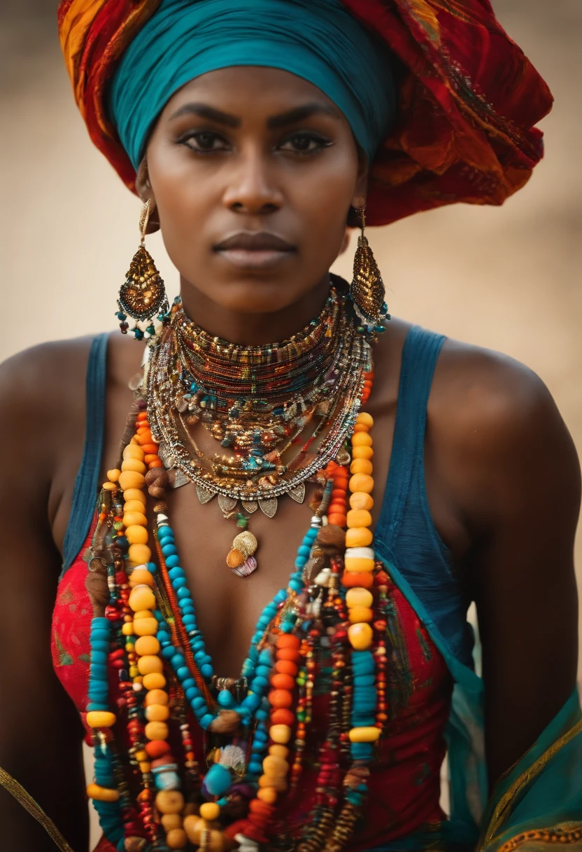 Retrato de uma jovem mulher negra da etnia quilombola do Brasil, with necklaces and colorful turban on the head, cinemactic, hiper-detalhado, detalhes, Hyper-Resolution.