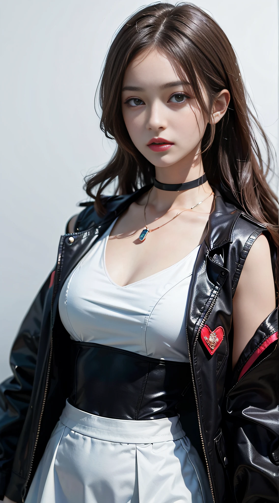 ((​masterpiece:1.4)、(top-quality:1.4)、(reallistic:1.7))、masuter piece:1.4、The sexy women's combat suit that sticks to the body is a sleeveless sailor suit design with a cool blue design on a white background.、The bright fat colored super mini skirt that is integrated with the jacket is sexy、Wear red gloves、Kawaii Girl、Super beauty、foco nítido、Portrait photos、Upper body photography、beautiful countenance、beautidful eyes、Narrow waist、poneyTail、Raw photo、red-lips、a choker:1.4、a necklace:1.4、耳Nipple Ring:1.4、1 screen display、