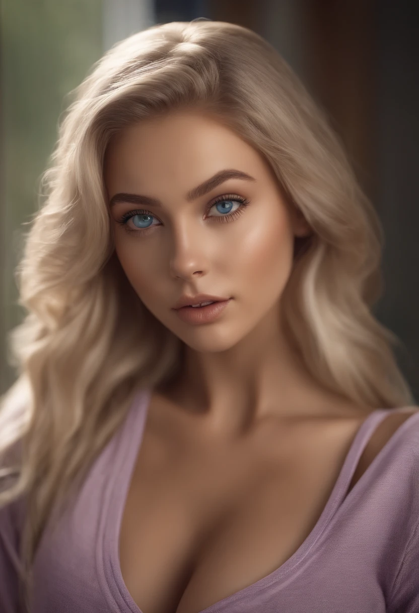 arafed woman fully , sexy girl with blue eyes, ultra realistic, meticulously detailed, portrait sophie mudd, blonde hair and large eyes, selfie of a young woman, bedroom eyes, violet myers, without makeup, natural makeup, looking directly at the camera, face with artgram, subtle makeup, stunning full body shot standing next to wall, in bedroom, medium to large size bust, sports bra and leggins
