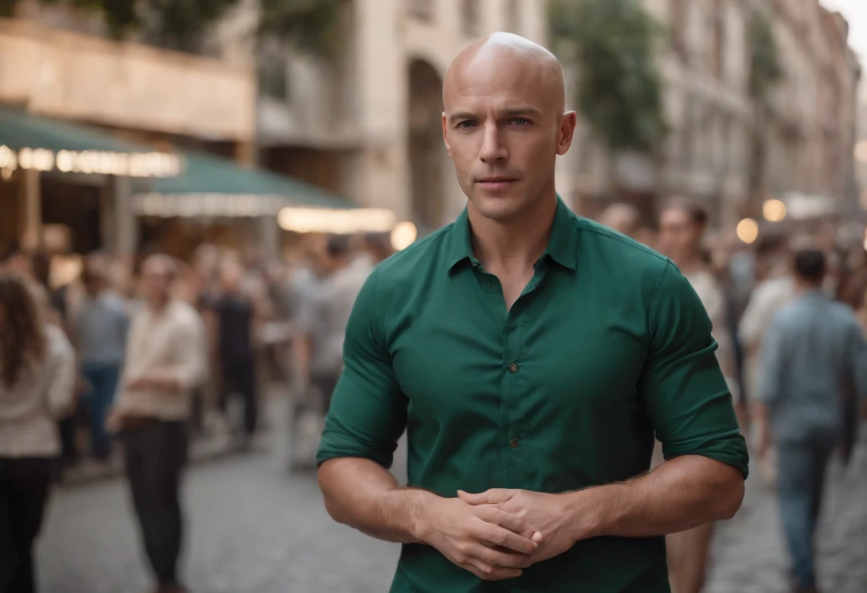 Desenhe uma cena em um local urbano ao ar livre, onde um homem magro e careca, veste uma camisa verde escura, the shirt is short sleeve style, is in the center of the image. The man is bald, o fino, Homem careca fica parado, As pessoas em movimento, criando um desfoque de atividade em torno do fino, bald man, The scene should be represented at an angle that highlights the thin man in the crowd and the urban atmosphere around him. The scene is done in half a scene, The man is facing, The people who are around are out of focus with Blur showing they're moving fast