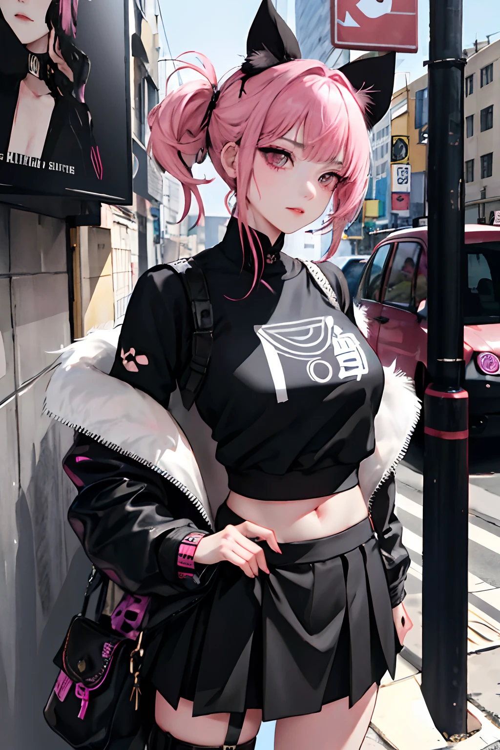 Anime girl in a black and white outfit standing on a city street ...
