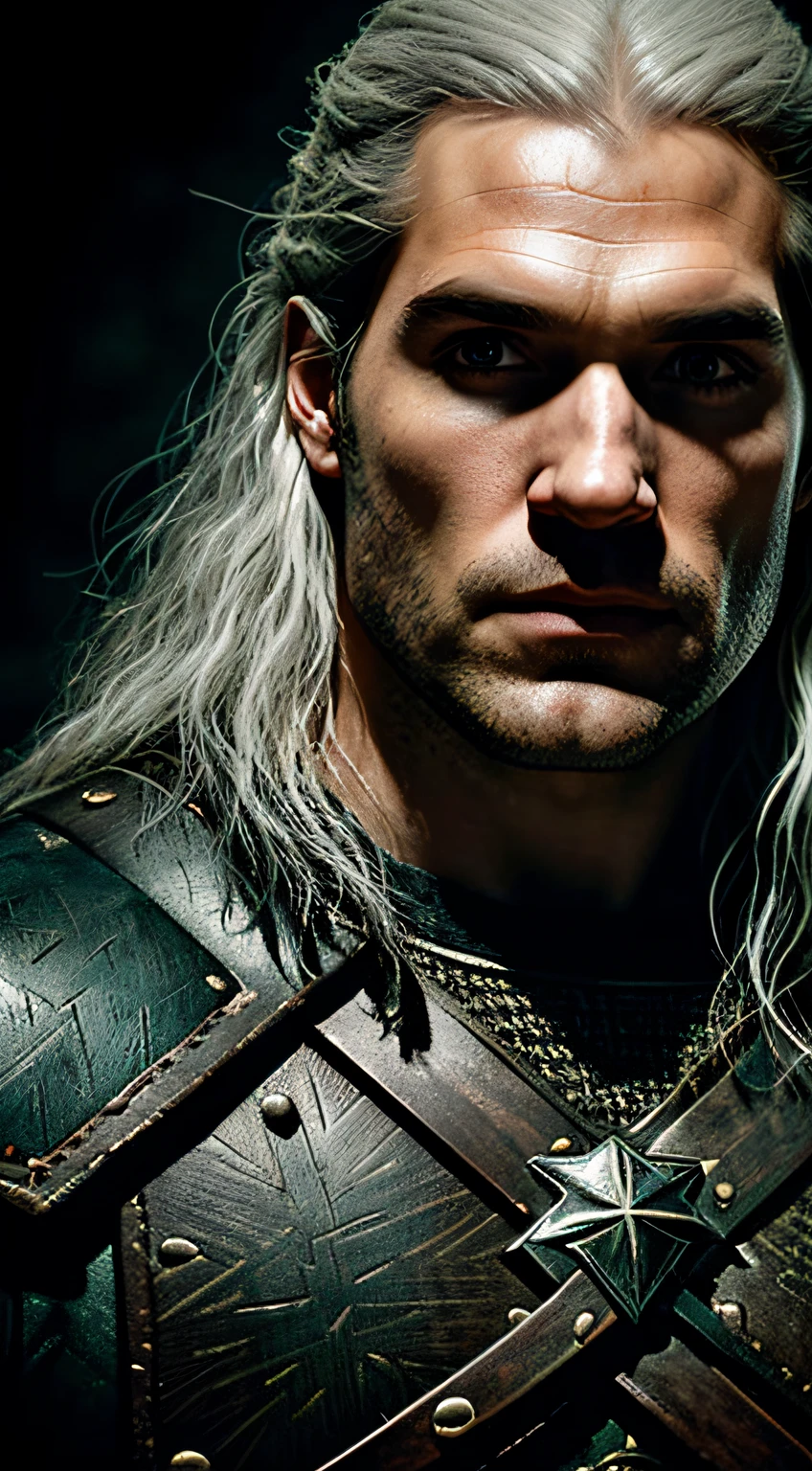 (extremely detailed, best quality) portrait, Henry Cavill as Geralt de Rivia from The Witcher,
(piercing eyes:1.2, chiselled features:1.1), dramatic lighting in the shape of a cross, dark background,
close-up, intense expression.