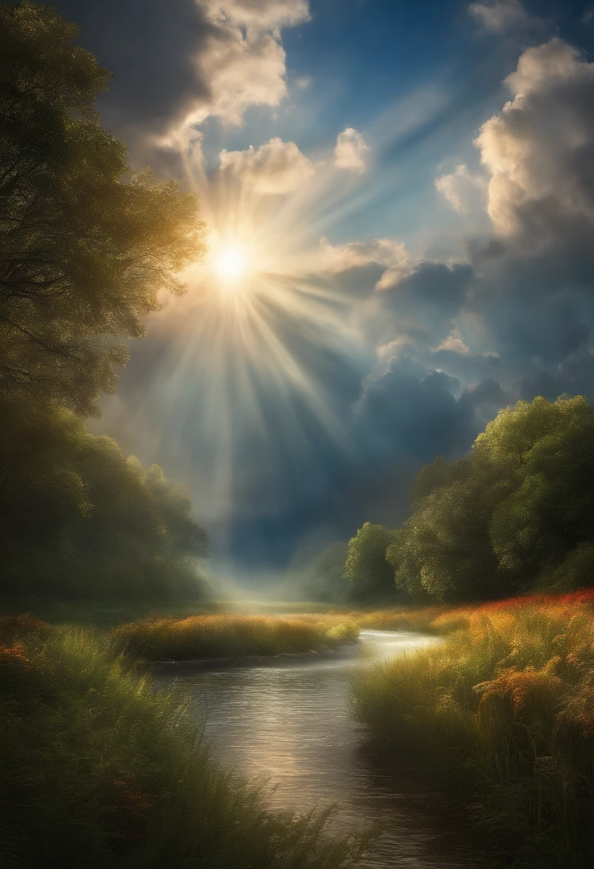 background, with clouds, splendor, angelic, rays of light, fantasy, elegant, highly detailed, realistic, beautiful, with nature