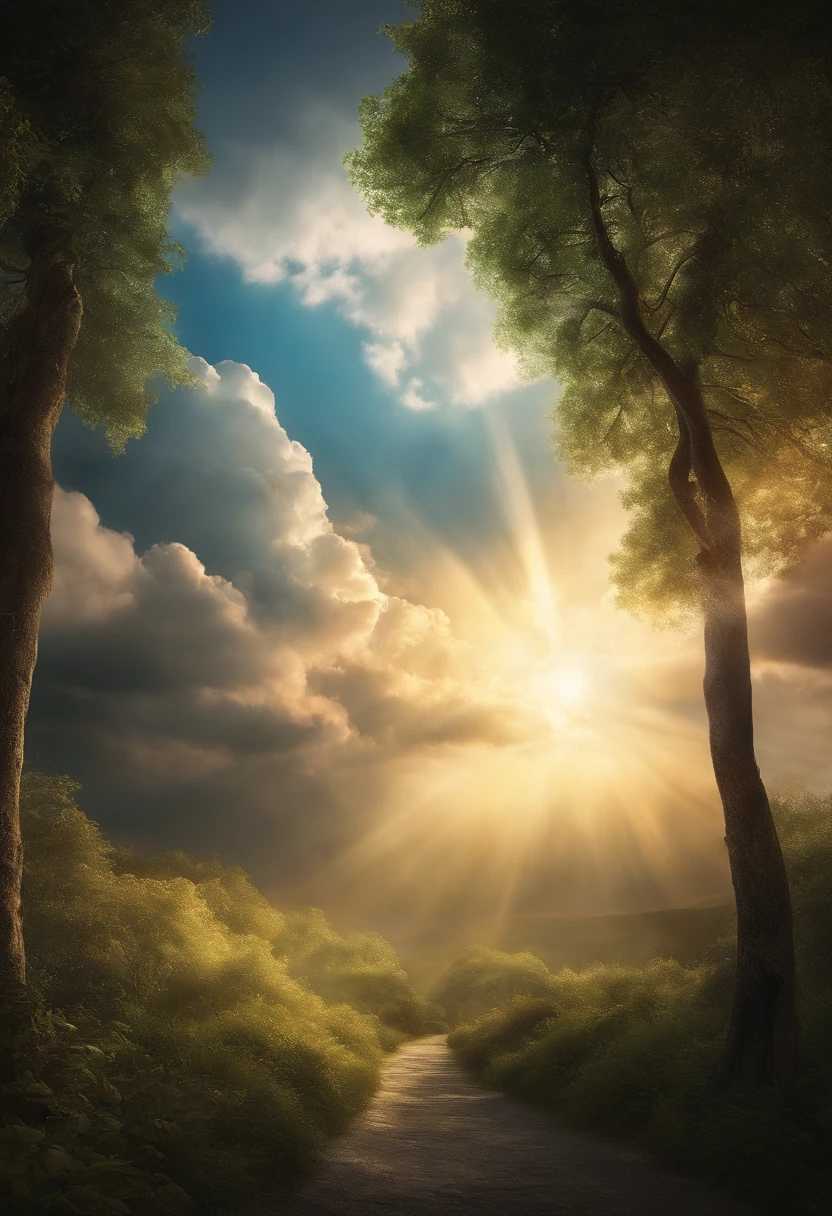 background, with clouds, splendor, angelic, rays of light, fantasy, elegant, highly detailed, realistic, beautiful, with nature