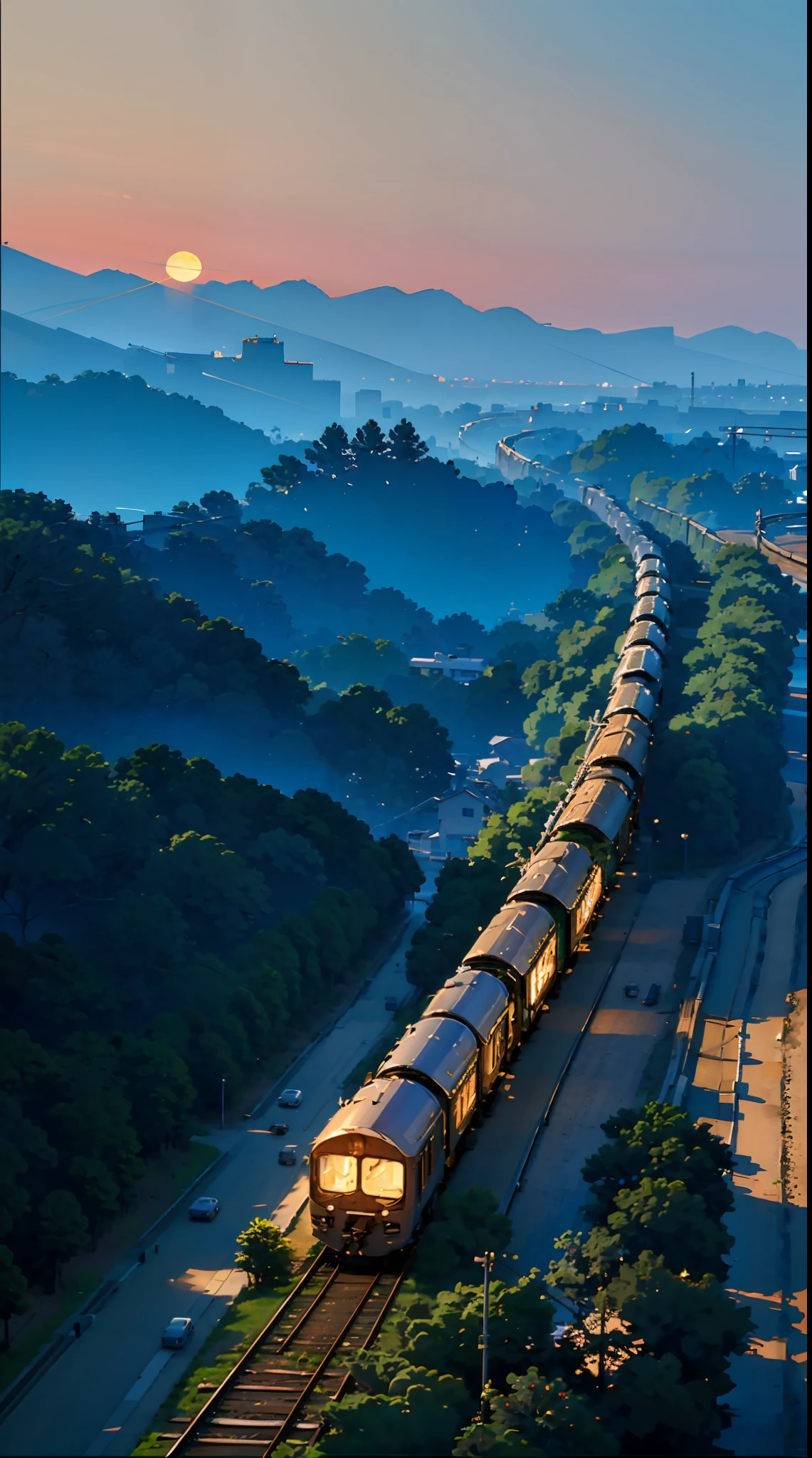 An Indian train passing through a vast landscape, captured from a( top view angle )during a breathtaking sunset. The scene is depicted with high realism, showcasing ultra-detailed and vivid colors. The train is portrayed with exquisite detail, from its locomotive to each individual carriage. The portrait of an anime character is skillfully incorporated into the scene, with their expressive and detailed eyes, capturing the viewer's attention. The train's surroundings reflect the beauty of the Indian landscape, with scenic elements such as lush fields, distant mountains, and vibrant flora. ((The lighting emphasizes the warm hues of the sunset), casting a golden glow over the entire scene. )This masterpiece of art is presented in 4k resolution, ensuring every minute detail is visible, and the colors are vibrant and lifelike. The combination of the realistic portrayal of the train and its surroundings with the touch of anime-inspired artistry creates a unique and captivating visual experience, detailed scenery —width 672, in style of Makoto shinkai, style of Makoto shinkai, enhanced details.