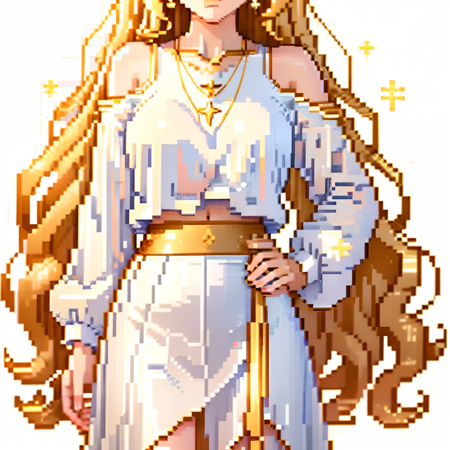 white background, from the neck down, 1 girl, long and wavy golden hair, highlighted in the outfit, long-sleeved white cropped top, star necklace, white pants combined with a golden skirt at the waist, 17 years old, extremely beautiful, elegant and determined