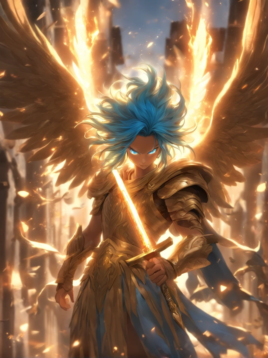 中景 the scene is,A handsome boy, Blue long hair, Blue glowing eyes, Crazy smile, wielding a sword,Dark,Flowing and chic,Golden armored angel,Wings made of energy,metal halo,face guard,Hooded,golden colored,fanciful,concept-art,ultra-realistic realism,Character art by Greg Rutkowski(Full body like:1.5),Ancient Greek architectural background ,ventania,8K,((super-fine)),Hyper-realistic,(((OC renderer)))