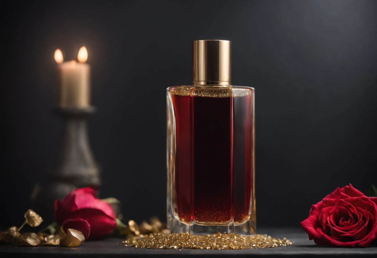 ideas para venta de aniversario fondo negro, perfume dorado sobre mesa negra con reflejo rodeada de serpentina y confeti rojo, Gold and Glitter for product photography in photo studio with low light and red globes panoramic perspective