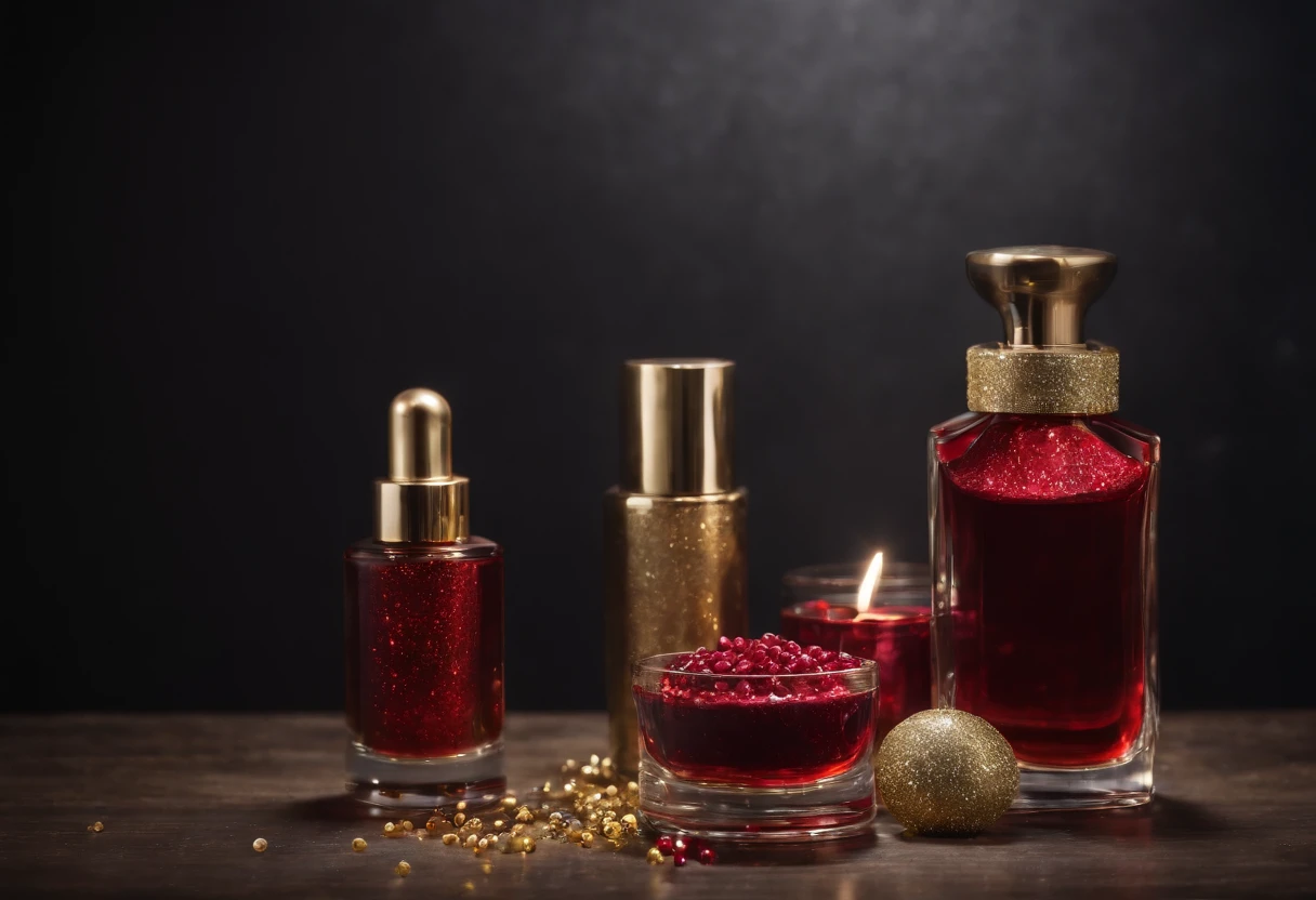 ideas para venta de aniversario fondo negro, perfume dorado sobre mesa negra con reflejo rodeada de serpentina y confeti rojo, Gold and Glitter for product photography in photo studio with low light and red globes panoramic perspective