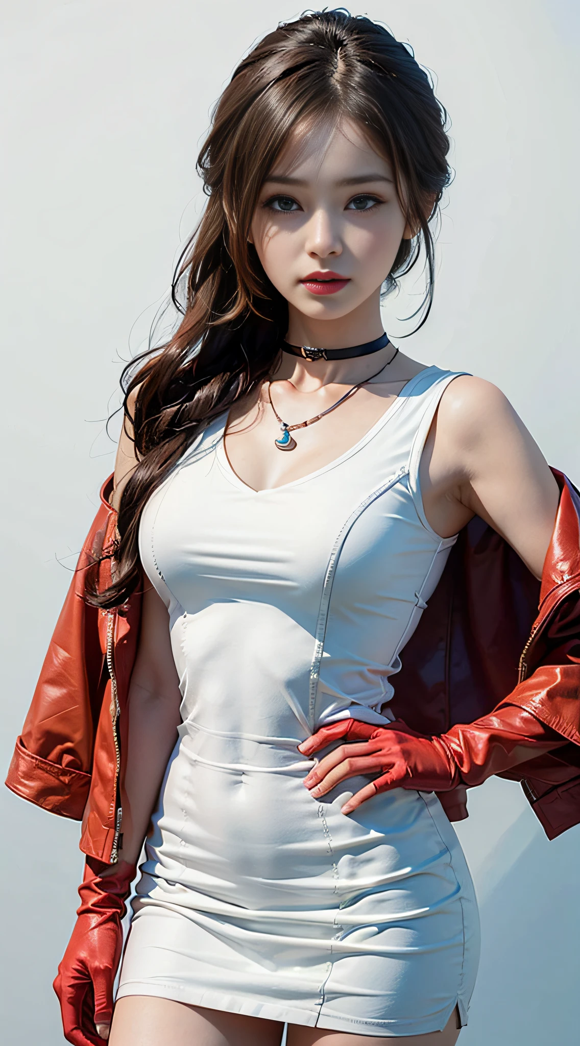 (RAW shooting, Photoreal:1.5, 8k, highest quality, masterpiece, ultra high resolution), perfect dynamic composition:1.2, Highly detailed skin and facial textures:1.2, 1girl, asian girl,Glamourous female, beautiful and aesthetic:1.2, Fair skin, (large breast:1.4),(perfect limbs:1.2), (perfect fingers:1.2),(tight white shirt, earrings, necklace,red jacket,micro shorts, short sleeves,sandals,long dark blue hair, belt,standing:1.2,Mio Serizawa,perfect thigh),(simple background:1),