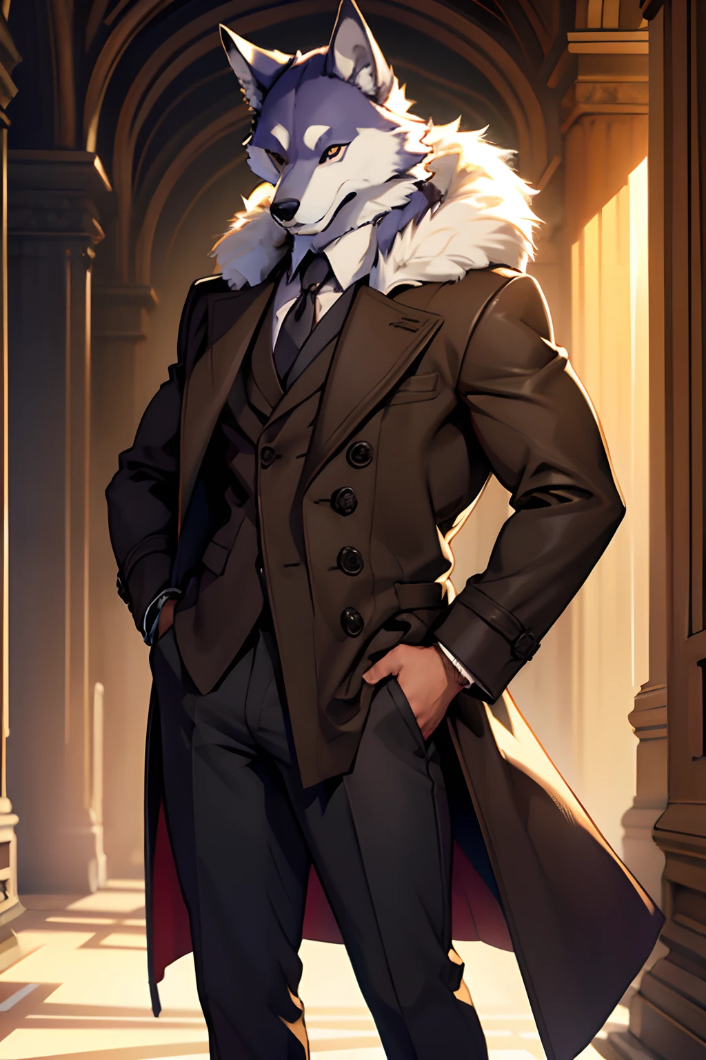 Um homem husky anthro olhar fofo elegante, wearing a wool coat and pants, wearing a brown booty, estilo furry, ultra hd