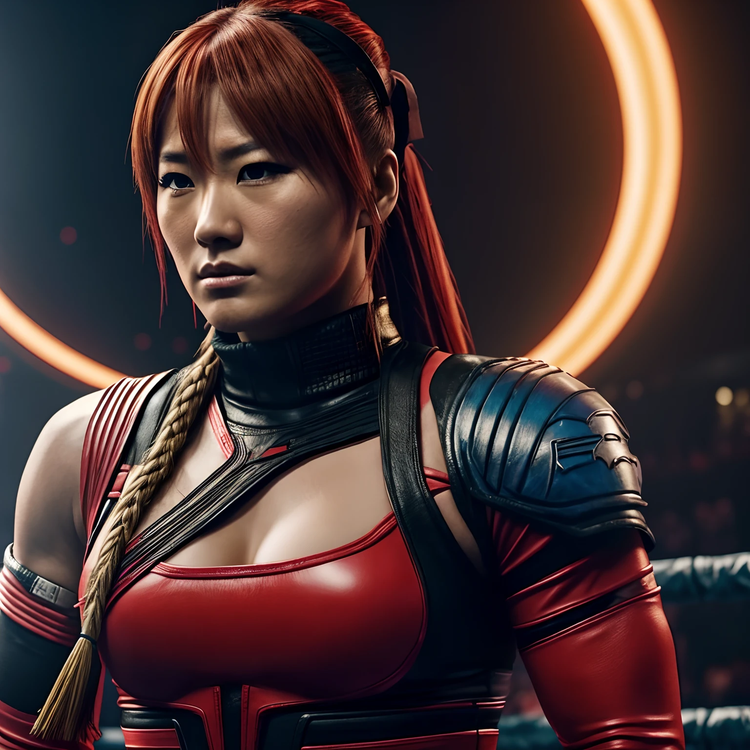 A close up of a woman in a costume red mortal kombat ninja man character , super strong, muscular,a chaotic world in the background!, 35mm lens, photography, ultra details, precise texture details HDR, UHD,K, light coming from the right, 8K image quality, Masterpiece
