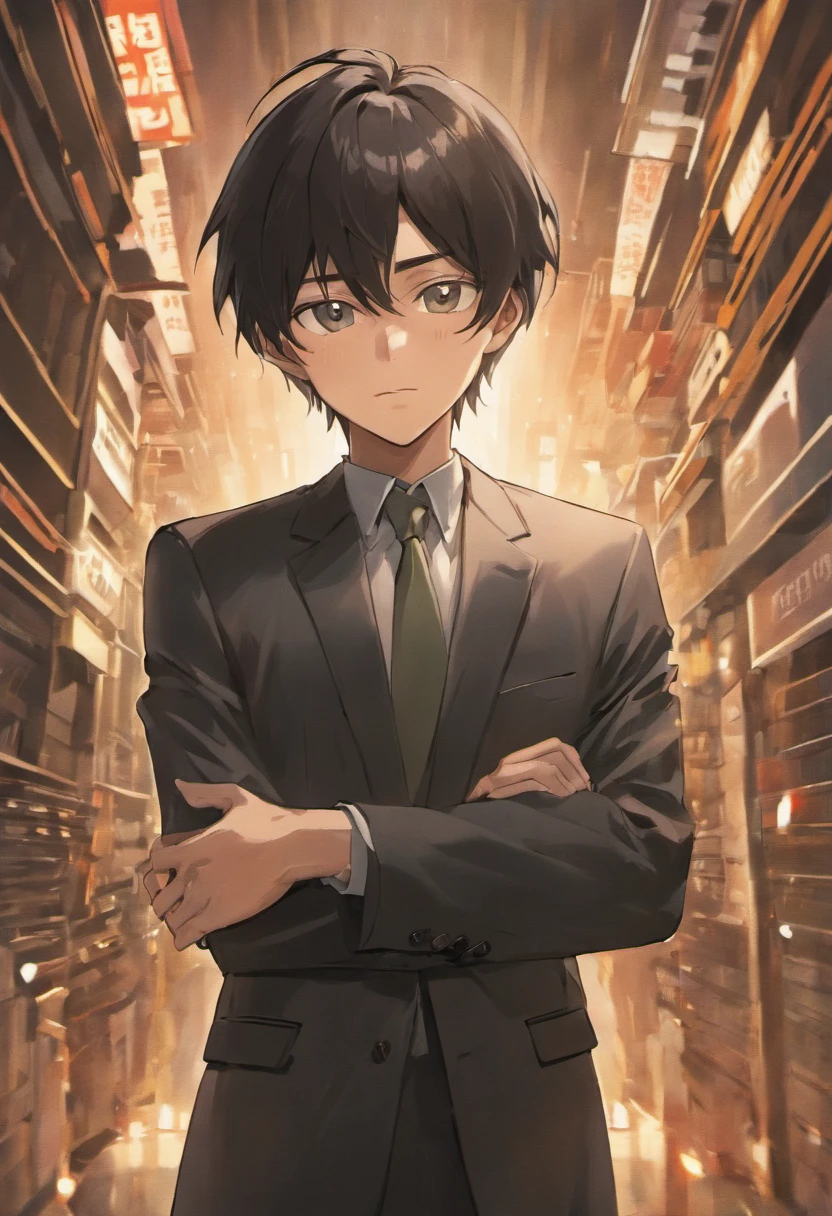 A tall, confident fair skinned japanese man in his early 40s with sharp, chiseled features and piercing, intelligent eyes. His jet-black hair is slicked back, and his impeccable tailored business suits emphasize his corporate stature. Kei's lean and well-toned physique bears the scars of martial arts and marksmanship training, a testament to his dedication to his family and the Arasaka Corporation.